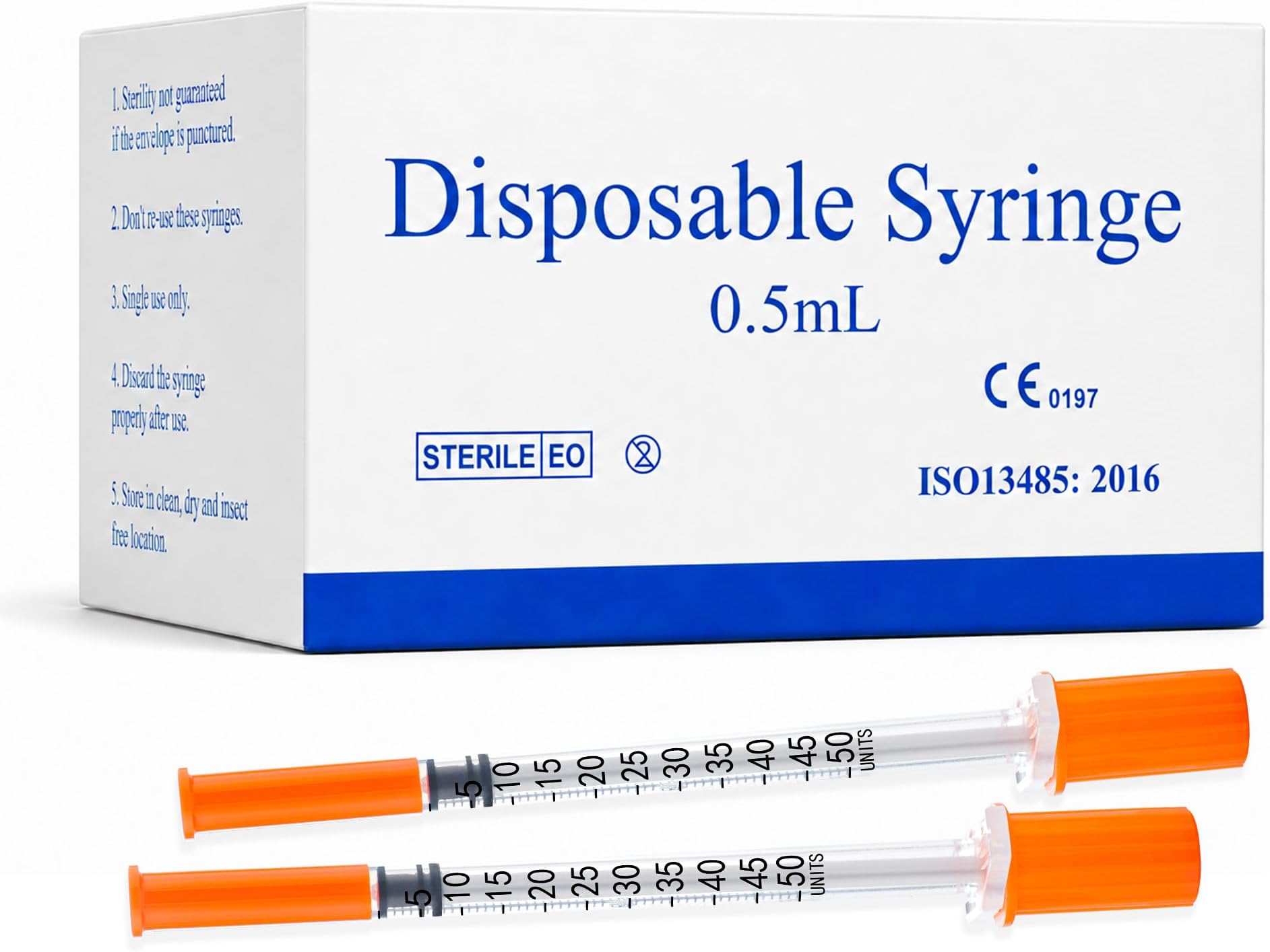 1/2ml/cc 29G Syringe 1/2" (12.7mm) needle, Disposable Individual Package