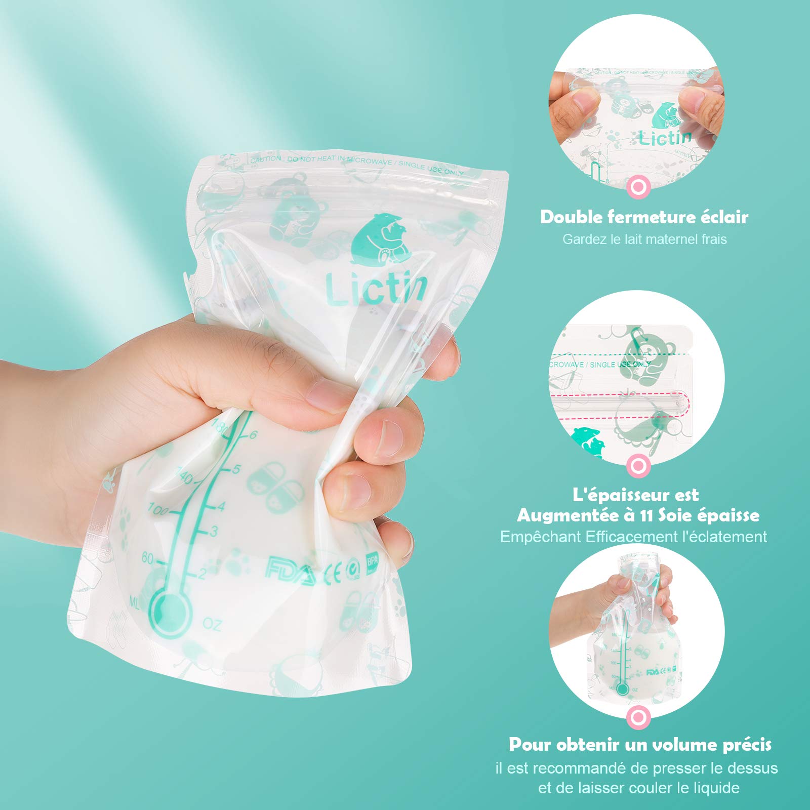 Lictin Conservation Lait Maternel 120Pcs - 240ML Sachet Conservation Lait Maternelle Pré-stérilisés, Épaissir Double Fermeture Glissière Sachet Lait Maternel, Bec Verseur Intégré