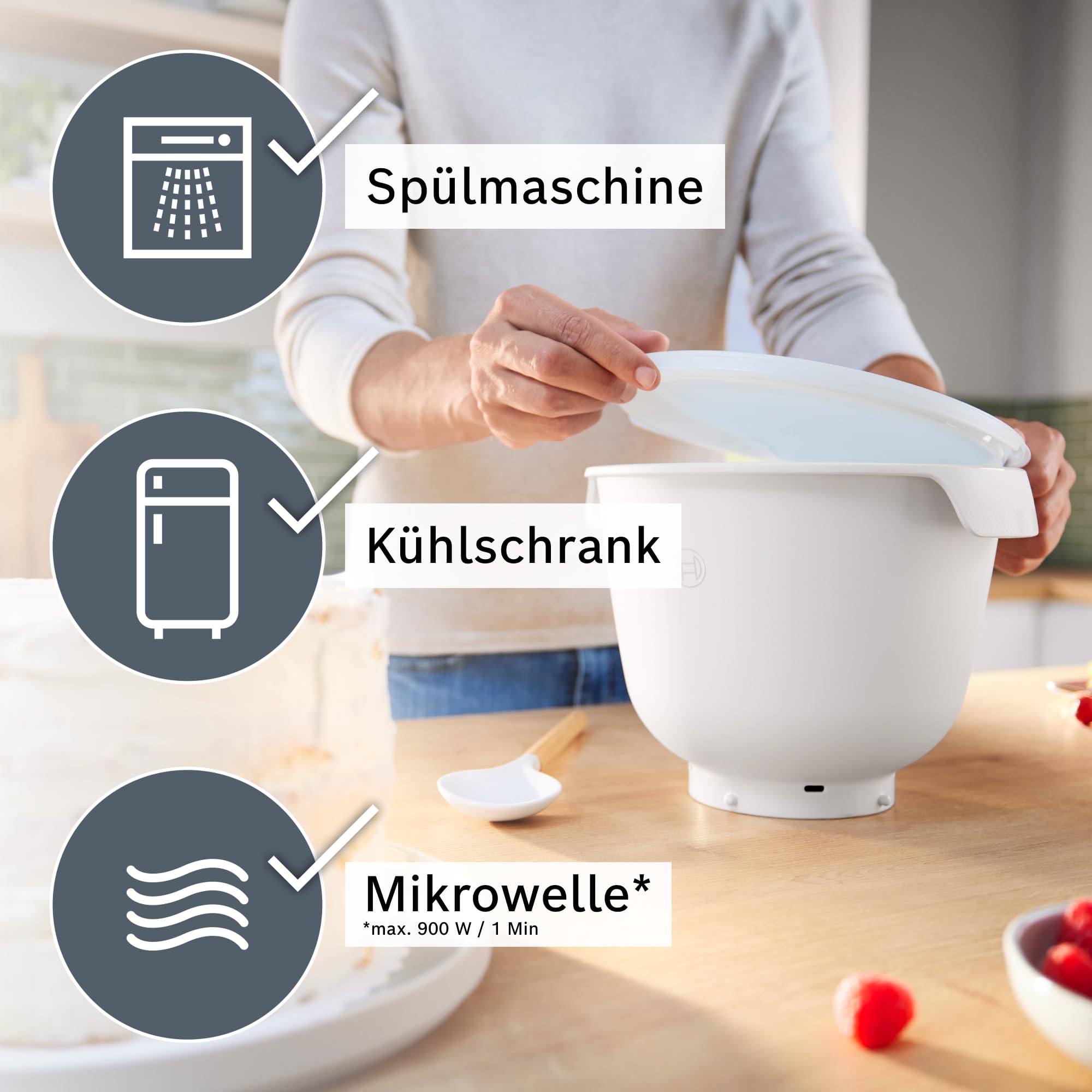 Bosch MUZS6KR miska do mieszania z tworzywa sztucznego, z pokrywką i uchwytami, pojemność 5,5 l, nie zawiera BPA, elastyczna, do robotów kuchennych Bosch seria 6, biała