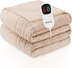 JKMAX Heated Electric Blanket King Size - 100"x90" Flannel Heating Blanket with 10 Heating Levels & 5 Time Settings Over-Heat Protection, Winter Warmer for Adults with ETL Certification（Beige）