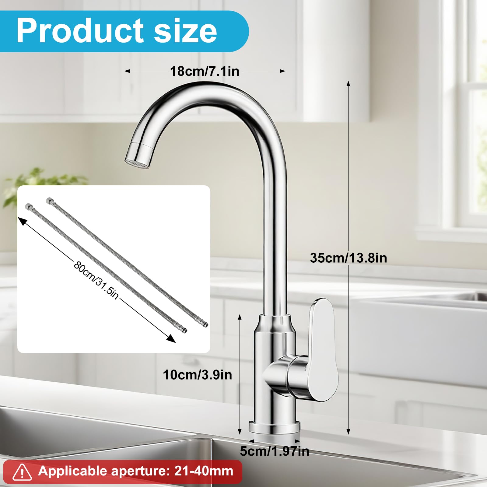 Robinet de cuisine mitigeur 360° pour évier de cuisine avec tuyau d'alimentation en acier inoxydable de 80 cm - Robinet de cuisine à une main pour cuisine, jardin, caravane, plan de travail
