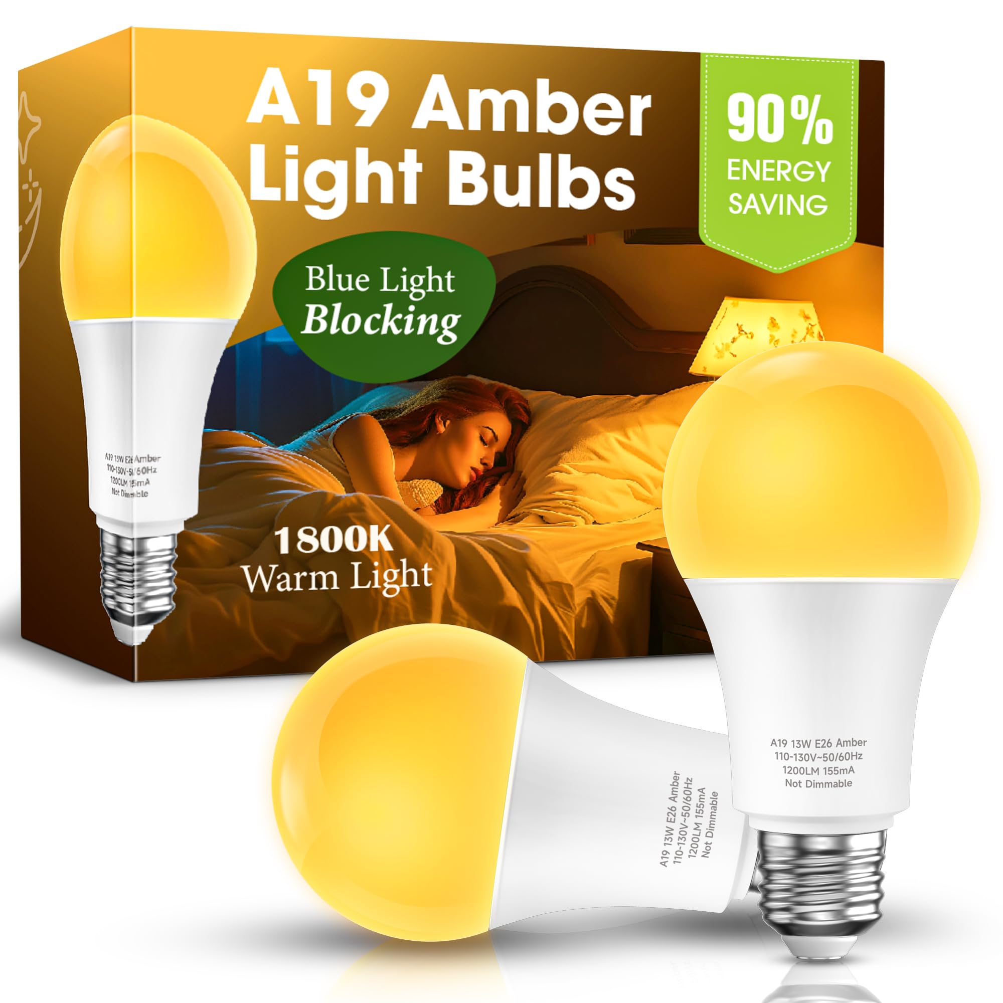 Sleep Light Bulb 100 Watt Equivalent 13W, Blue Light Blocking, 1800K Amber Color Light Bulbs, A19 Warm Light Bulb for Healthy Sleep and Baby Nursery Kids Bedroom, 2 Pack