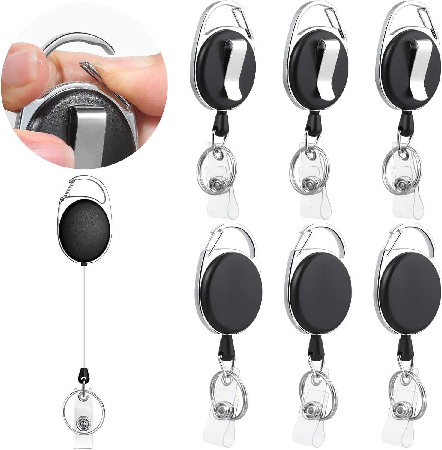 Selizo 6 Packs Retractable Badge Holder Badge Reel Retractable ID Badge Holder Key Card Holder with Clip, Black Color