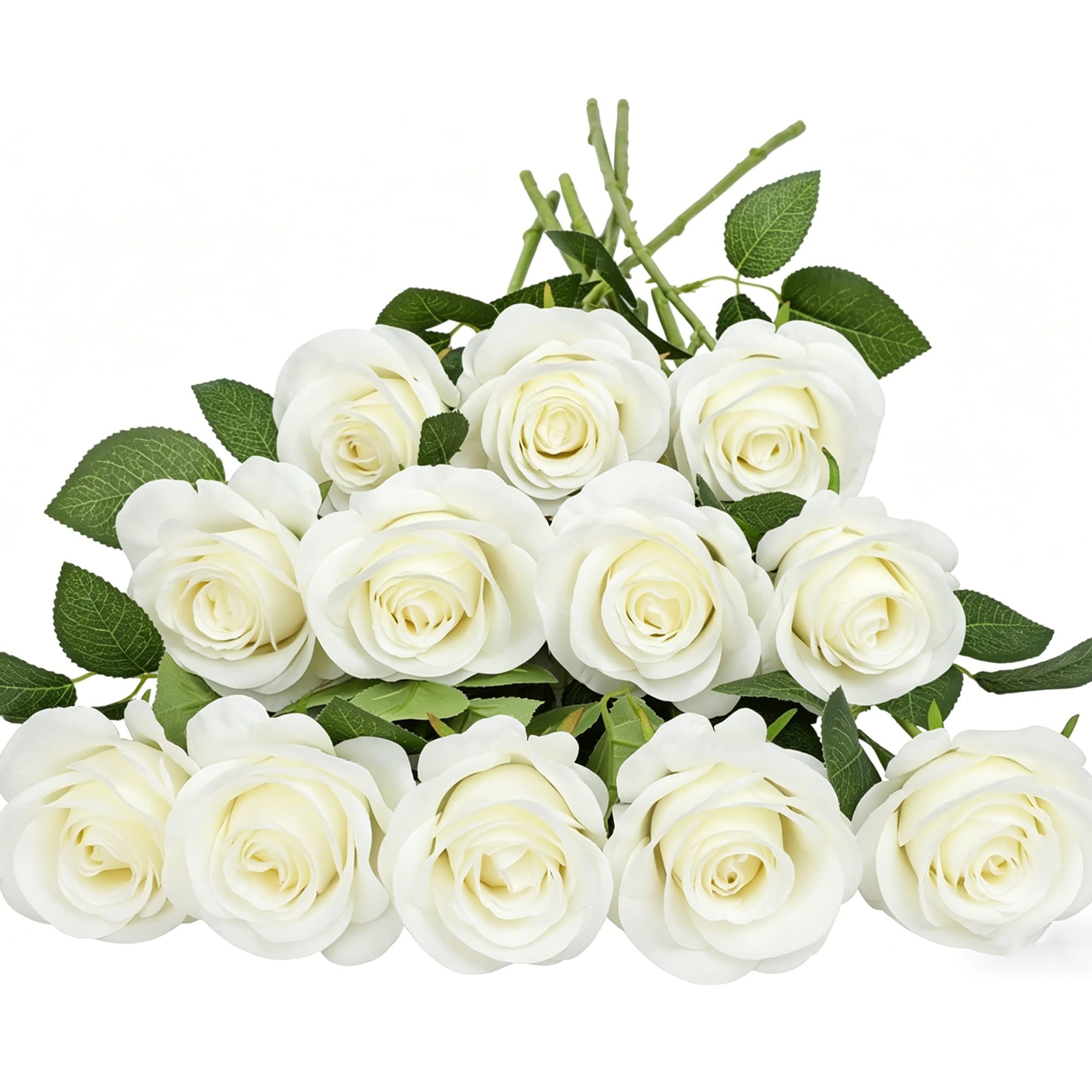 HNVNER 12 Pcs White Rose Artificial Flowers, Fake Flowers Silk Rose Realistic Bouquets for Wedding Table Centerpiece Home Decor