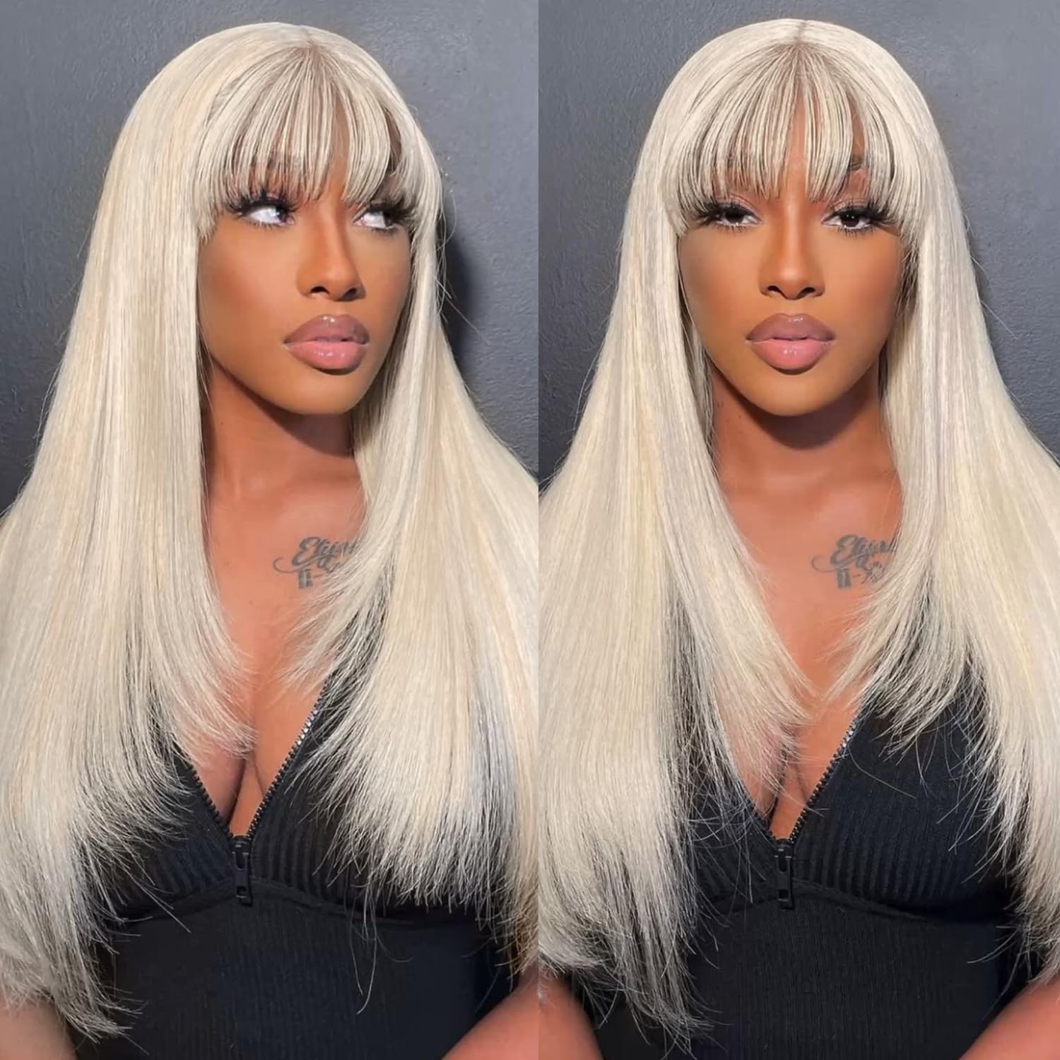 Long Straight Mixed Blonde with Bangs Fashion Wig for Women Heat Resistant Blonde Long Layered Wig with Bangs,Straight Hair Wigs for  main image 2