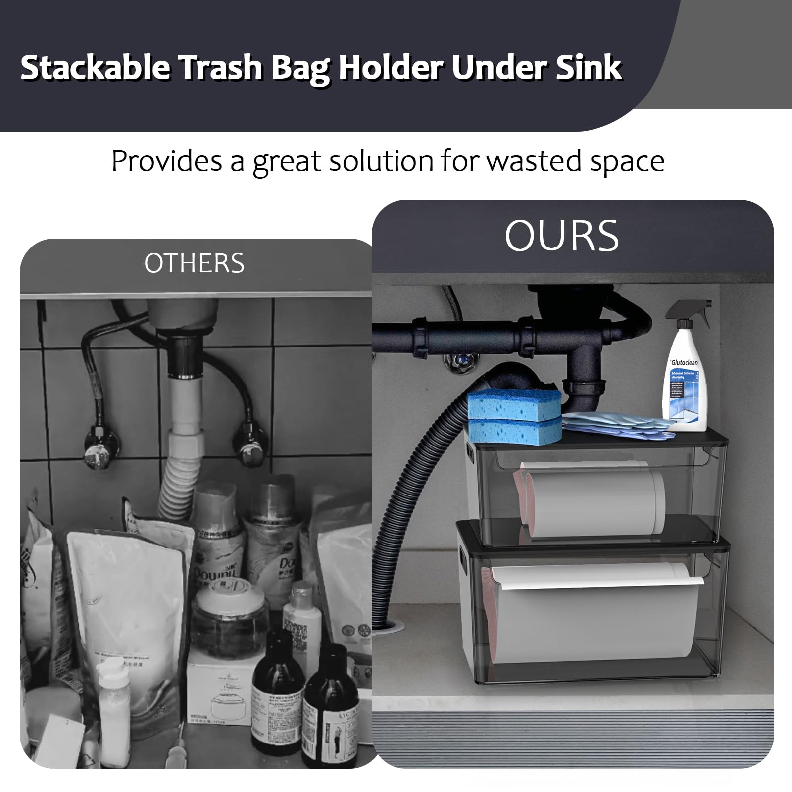 COAZEX Paquete de 2 soportes apilables para bolsas de basura debajo del fregadero, dispensador de bolsas de basura de plástico con tapa, dispensador de bolsas de basura para cocina, despensa,