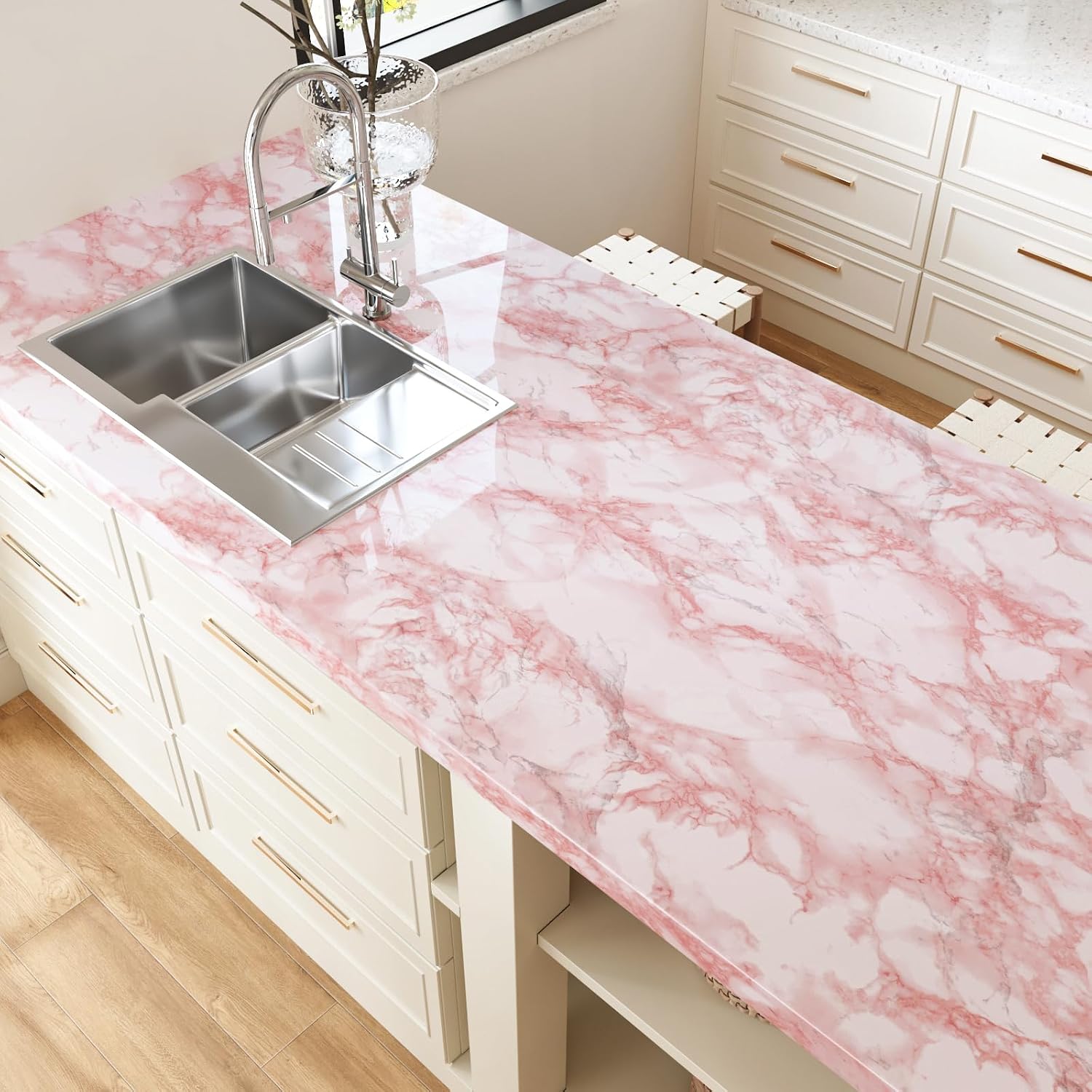 VEELIKE Blush Pink Marble Contact Paper for Countertops Peel and Stick Waterproof Glossy Pink Marble Wallpaper for Countertops Dresser 15.7''x236'' Self Adhesive Vinyl Countertop for Kitchen Bathroom