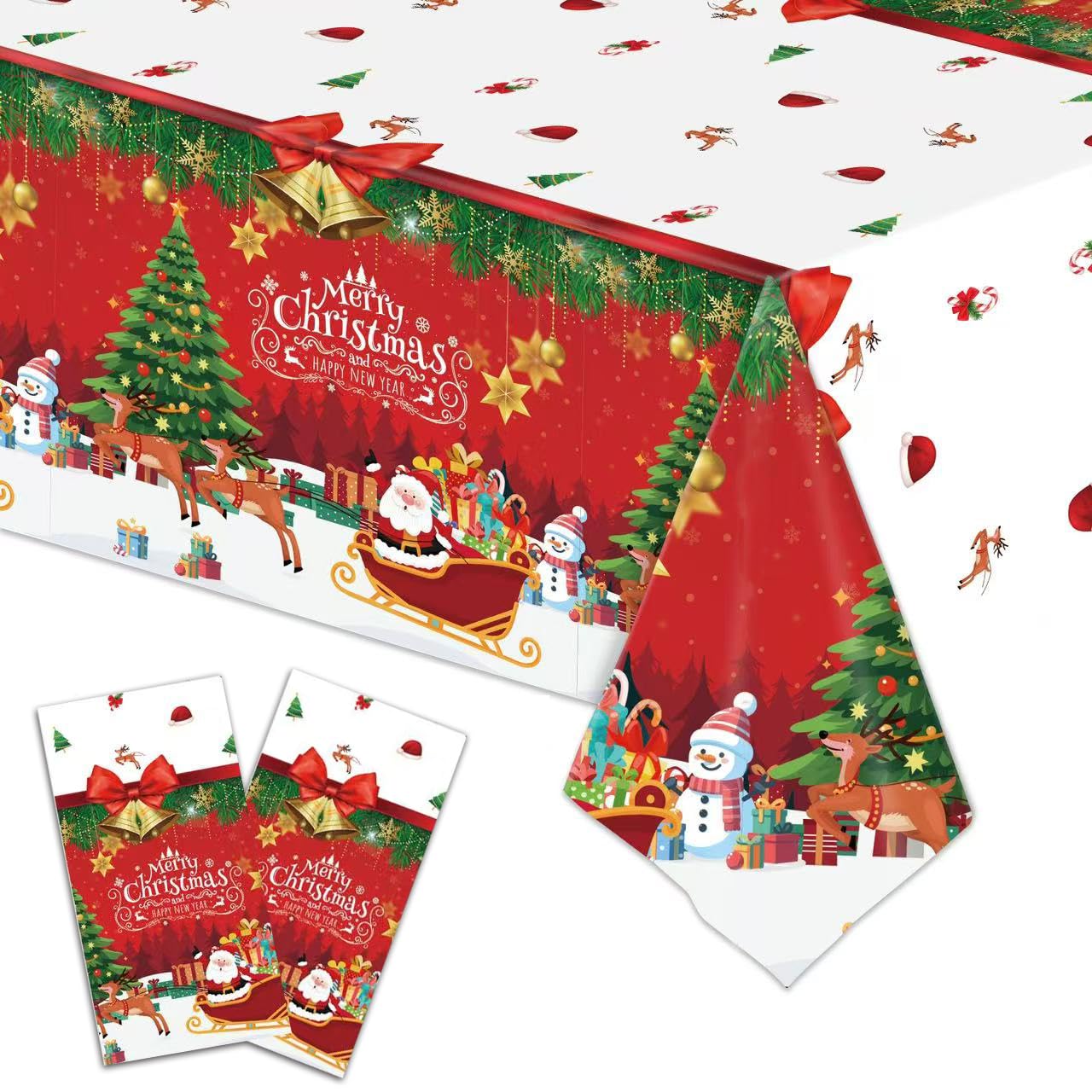 Doofe Red White Sleigh 2Pcs Christmas Table Cloth, 137X274cm Red White Xmas Party Table Cover With Santa Snowman Bells Trees Pattern, Disposable Rectangle Christmas Tablecloths For Winter Holiday Decorations