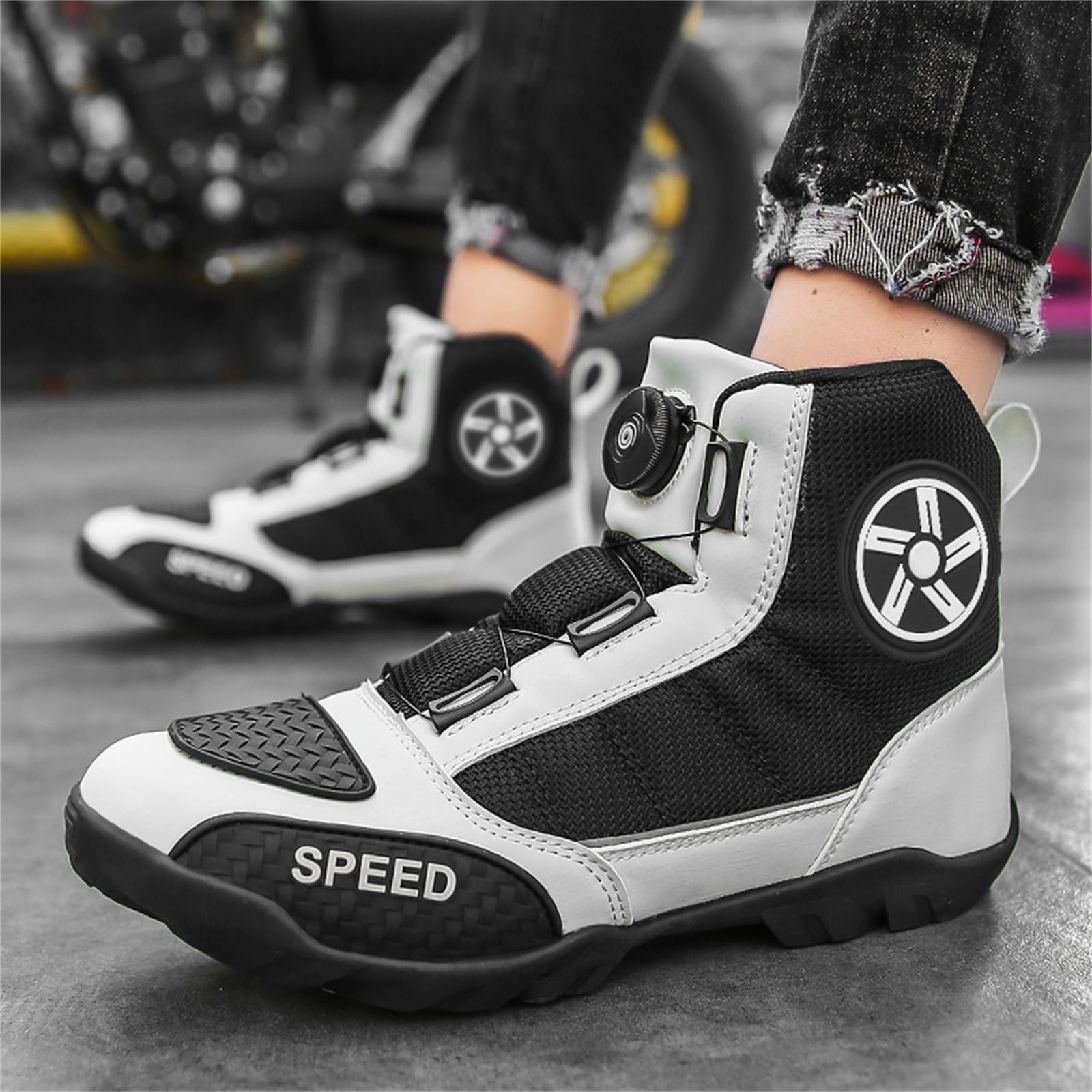 JiuQing Scarpe da Moto Stivaletti da Equitazione da Strada da Uomo Stivali da Moto in Pelle da Esterno Antiscivolo