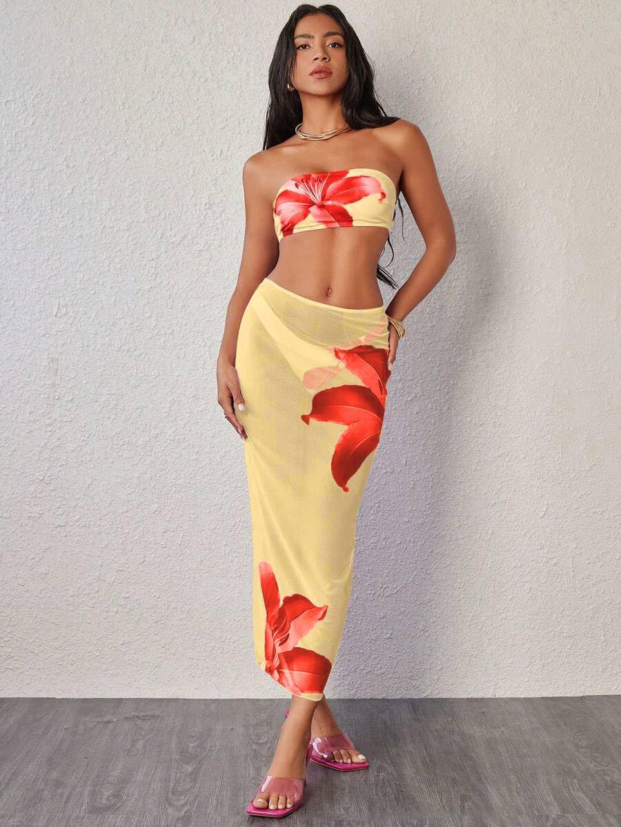 ZAFUL Womens 3pcs Bikini Swimsuits Bandeau 3 Piece Swimwear High Cut Bikini Sets with Long Sheer Coverup Dress - Image 2