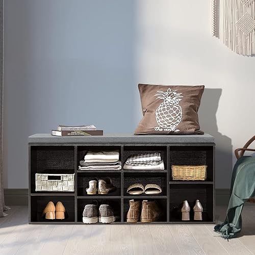 Miniatura 2 de Banco de almacenamiento de zapatos con 10 cubículos ajustables, banco de entrada con estantes, banco de zapatos de 3 niveles para sala de estar y
