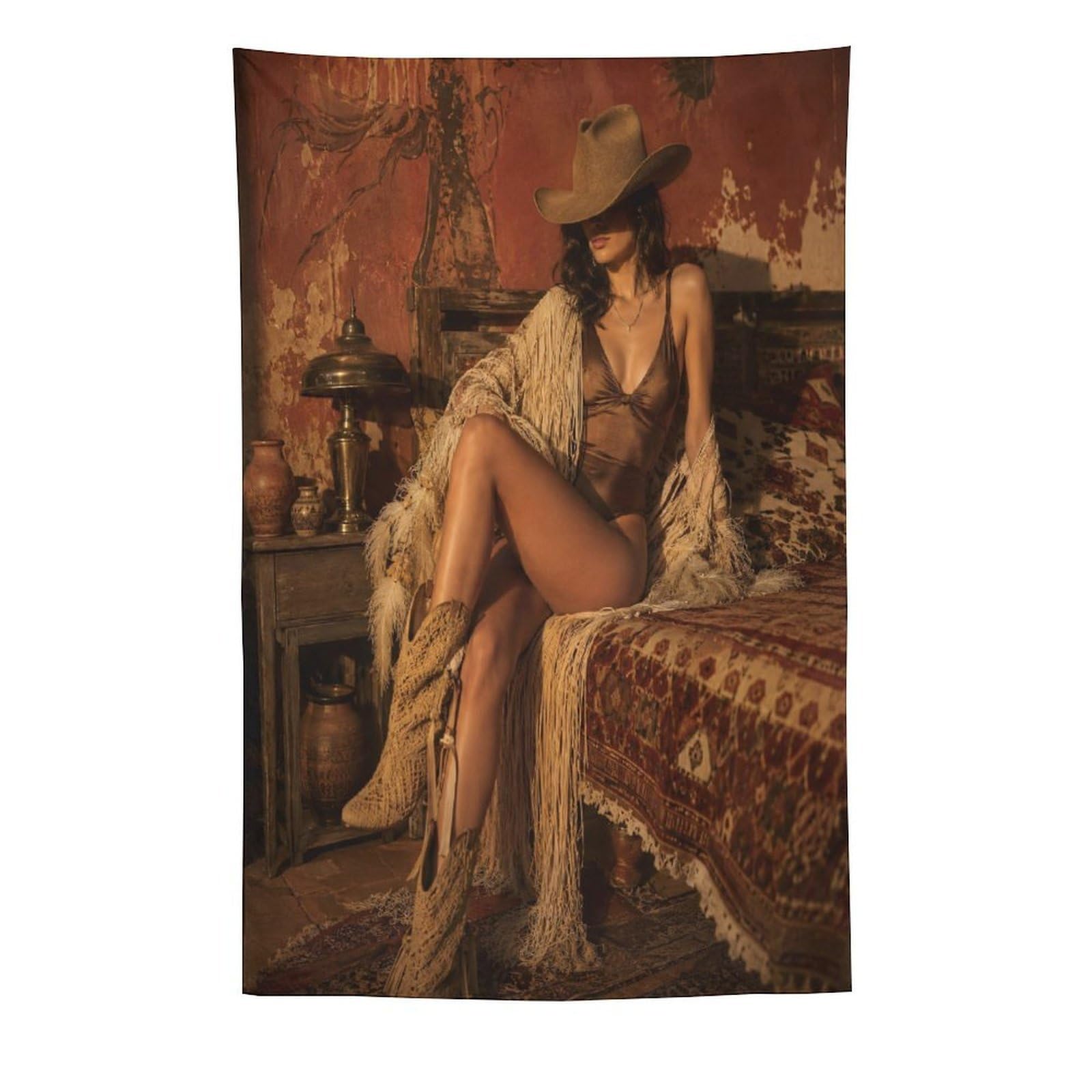 W7C8U2X3 Western Cowgirl Portrait Wall Tapestry, Detailed Illustration