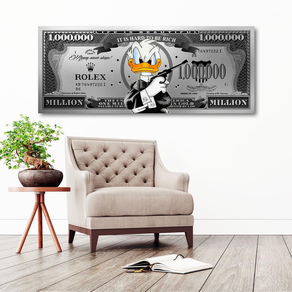 Kunstgestalten24 Donald Duck Bond Dollar Silver Style Pop Art Leinwandbild | Kunstdruck | Wanddeko | Street Art | Gemälde | Comic Bilder | Wandbild Leinwand Modern 200x80x4cm
