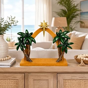 Comfy Hour 11 Nativity Stable with Star and Palm Trees, Rustic Wood Look Creche for Christmas Figurines, Indoor Religious Manger Scene Backdrop, Holiday Home Desktop Decor Accent, 1 Unit