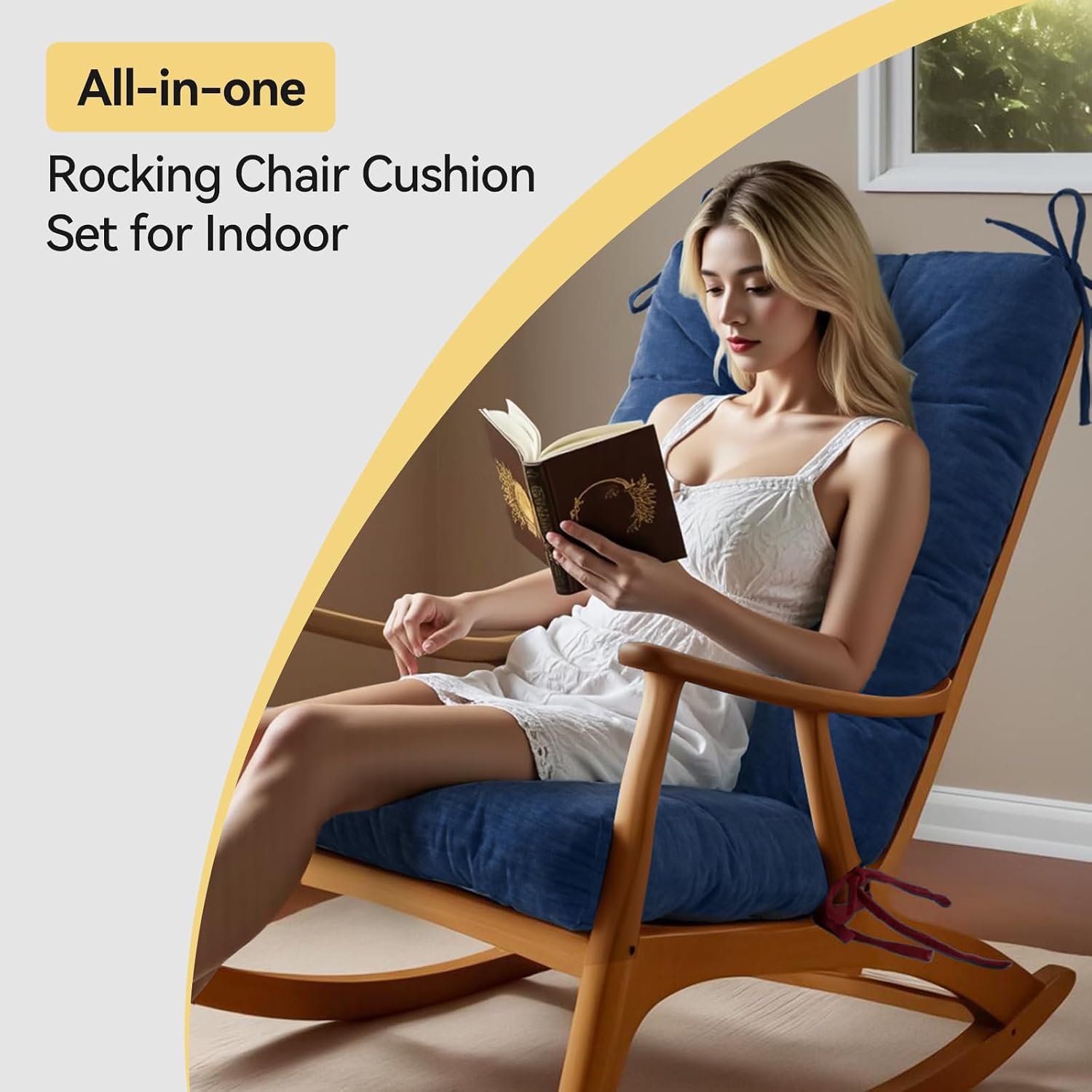 Millsilo Rocking Chair Cushions for Indoor Rocker, Comfortable Chenille Tufted Non-Slip Rocking Chair Pads with Ties for Adirondack, Glider Chair Rocker Replacement Cushions, Navy, 52"x19"x4"