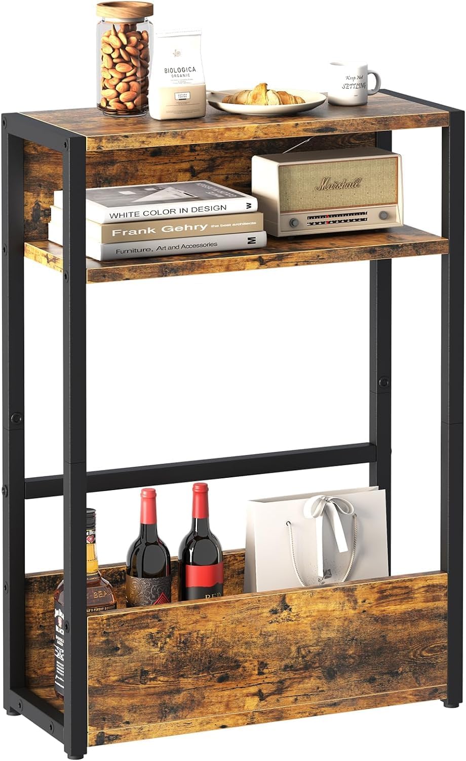 Vintage Narrow Side Table with Storage Shelf, 3 Tier Slim End Table Modern Sofa Table for Narrow and Small Spaces, Inch Height Bedside Table Small Nightstand with Magazine Rack Space Saving, Brown
