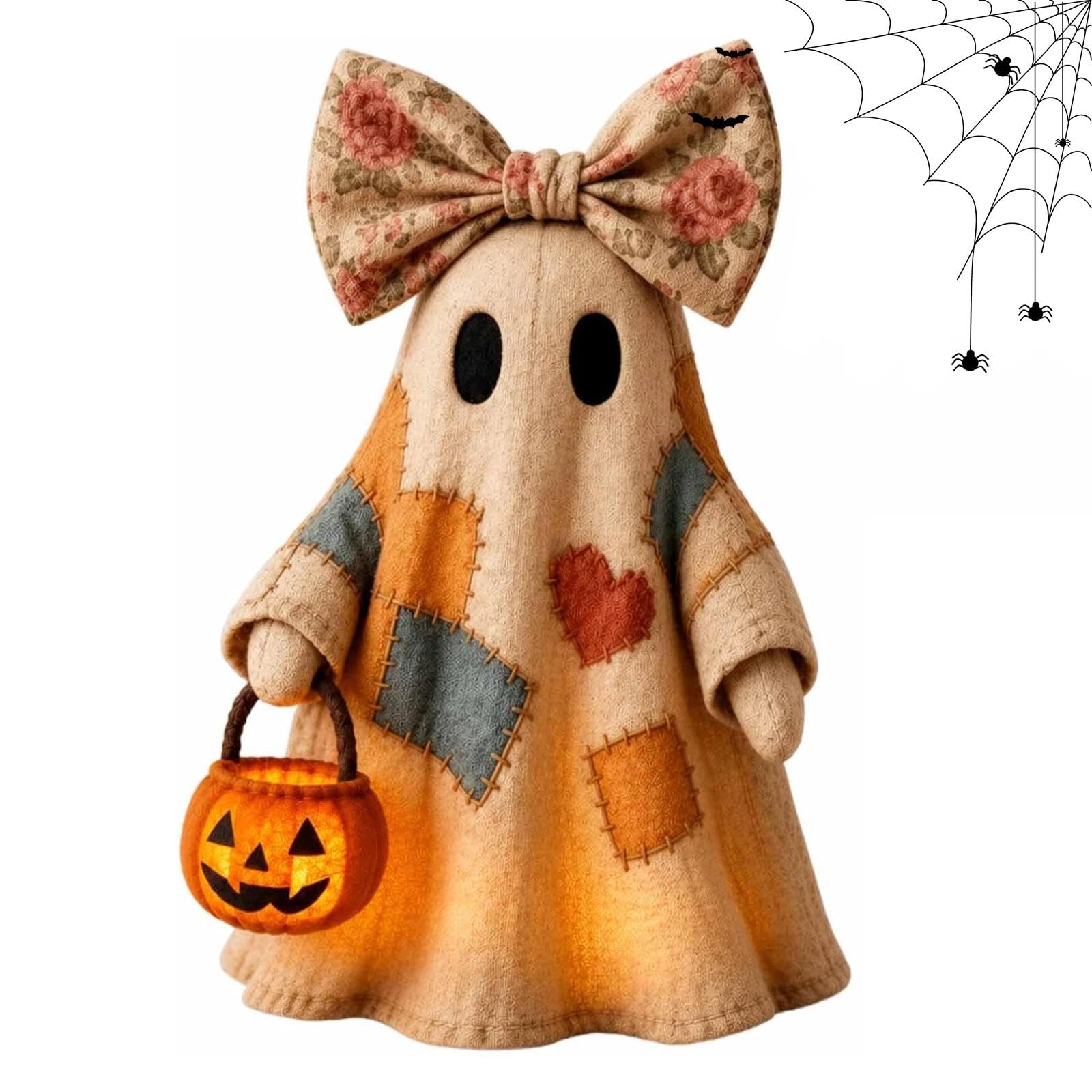 RIVODXIV Vintage Patchwork Ghost Halloween Decor, Lighted Vintage Patchwork Ghost,Rustic Farmhouse Halloween Decoration,Spooky Cute Fall Shelf Mantel Centerpiece Decor For Home Office Tiered Tray(A)