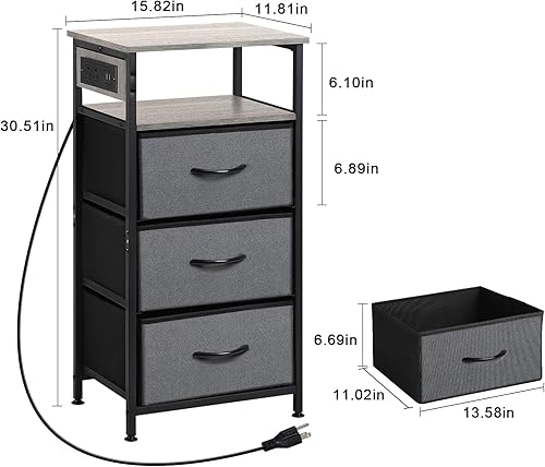 Miniatura 3 de LIANTRAL Nightstand with Charging Station, Dresser with 3 Fabric Chest of Drawers, Dresser Storage for Bedroom, Hallway, Closet, Living Room,