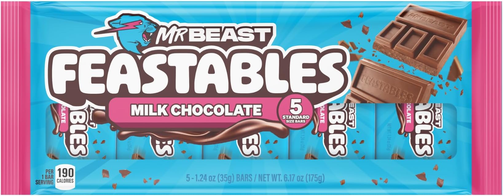 MrBeast Feastables Milk Chocolate Bar, Full Size, 5 Count, Smooth & Creamy Milk Chocolate Candy, Fairtrade Cocoa, 1.24oz Each