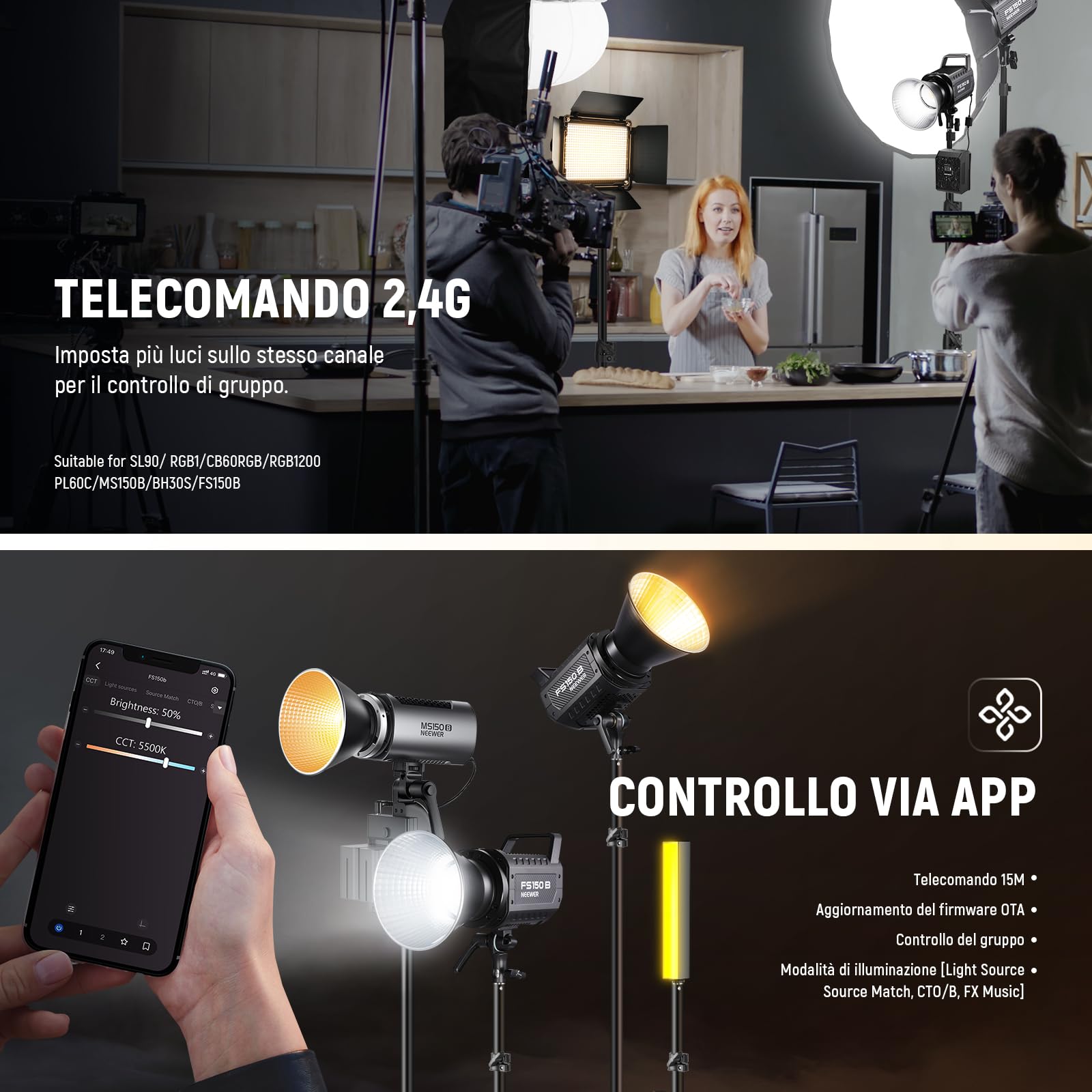 NEEWER FS150B Luce Video LED da Studio, Controllo 2.4G/APP, Faretto Luce Continua COB Bicolore 130W con Panno di Pulizia per Foto Videografia, 4 Curve di Oscuramento/2700K-6500K/CRI97+/Attacco Bowens