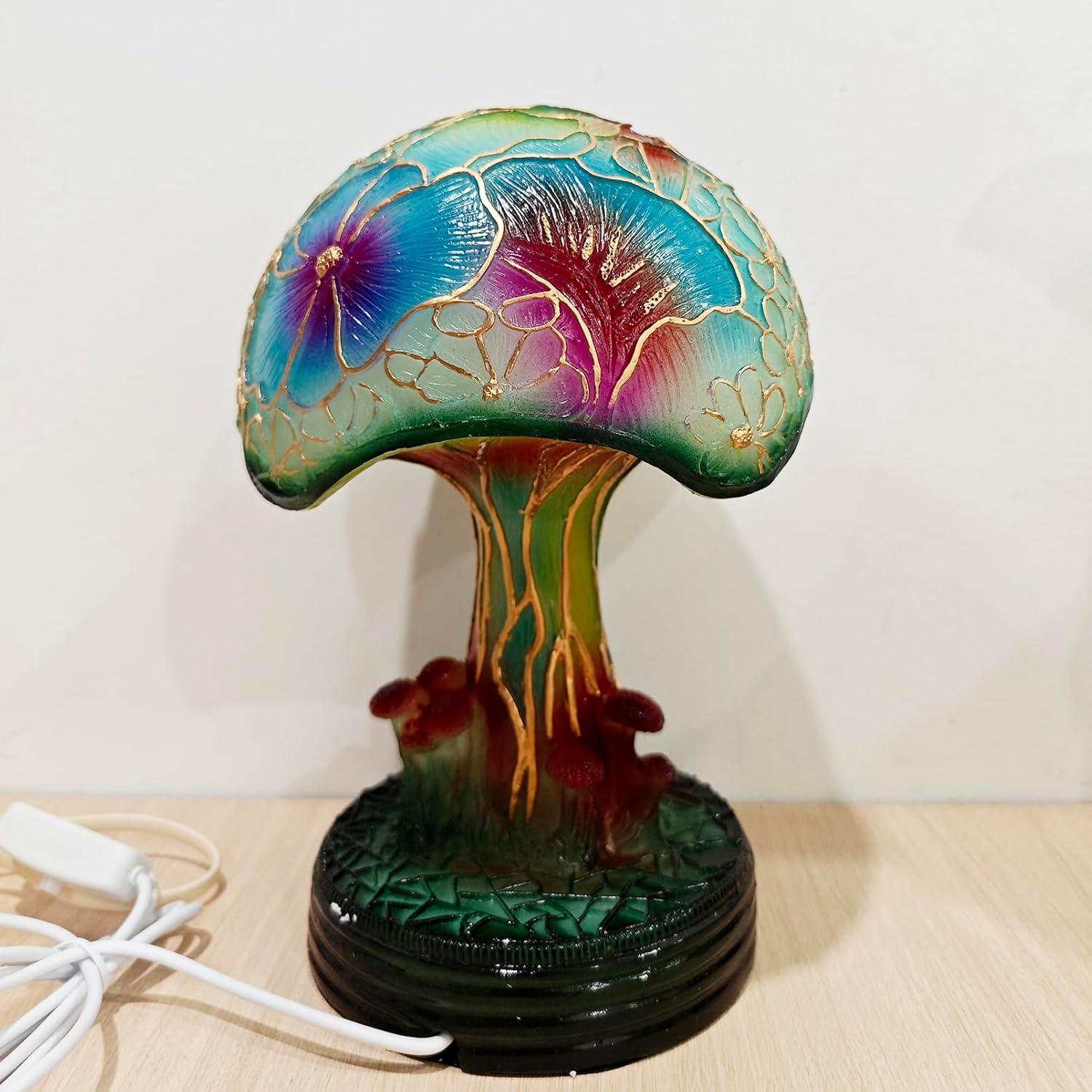 Painting Mushroom Table Lamp, 7.9Inch New Stained Glass Plant Night Light,Bohemian Resin Mushroom Decorative Bedside Lamp for Bedroom Living Room Home Office Decor Gift (M)