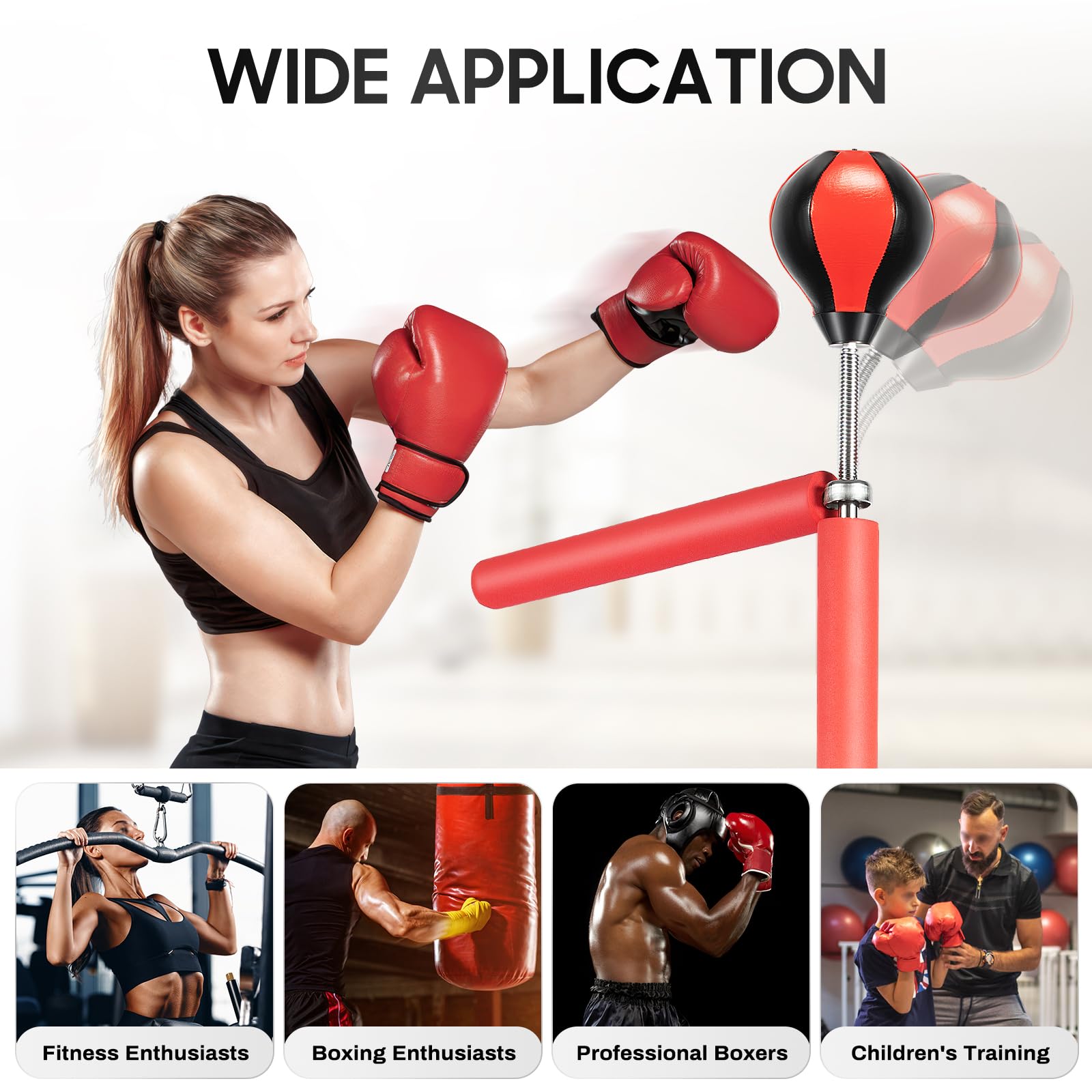 Punchingball Stand de frappe réglable en hauteur, poire de boxe avec support pour adultes et enfants – Entraîneur de boxe debout avec bras pivotant à 360°, pieds ventouses et socle remplissable, avec