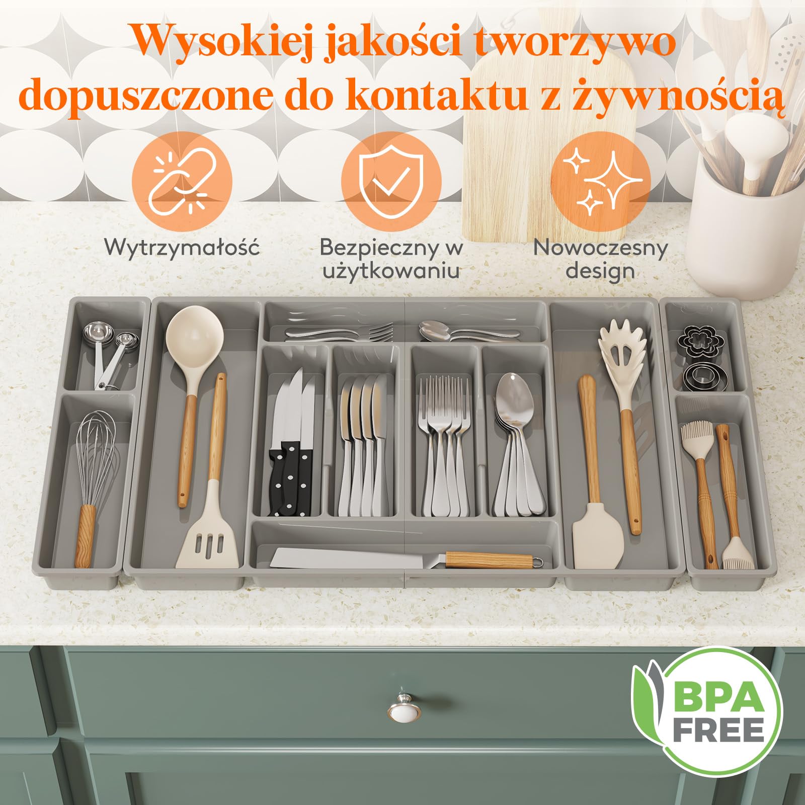 Lifewit Pojemnik na sztućce, wkład na sztućce 816 x 420 mm, do szuflady 90, zdejmowany uchwyt na przybory kuchenne, uchwyt na sztućce z tworzywa sztucznego, wkład do szuflad, organizer kuchenny na