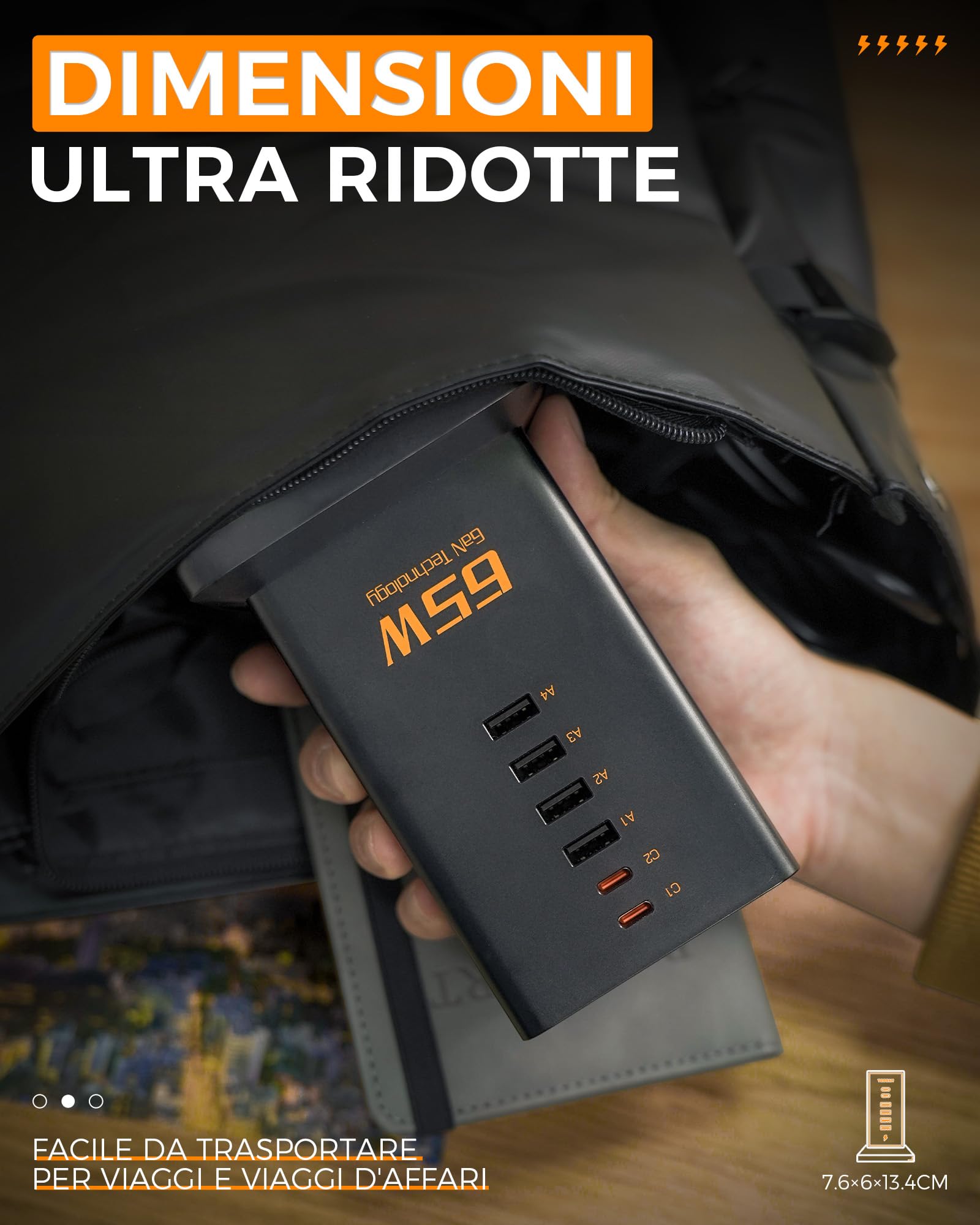 TESSAN Alimentatore USB C 65W, GaN Caricabatterie Multiplo, Caricatore Rapido con 2 prese, Stazione di Ricarica USB con cavo 2M
