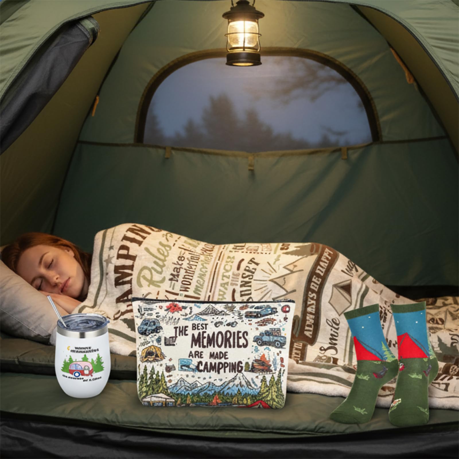 Patelai 4 Stück Camping-Geschenke für Damen und Herren – inklusive Trinkgläser, Überwurfdecke, Socken, Kulturbeutel für fröhliche Camper-Dekoration, Outdoor, Picknicks, Wandern, Wohnmobil-Ausflüge