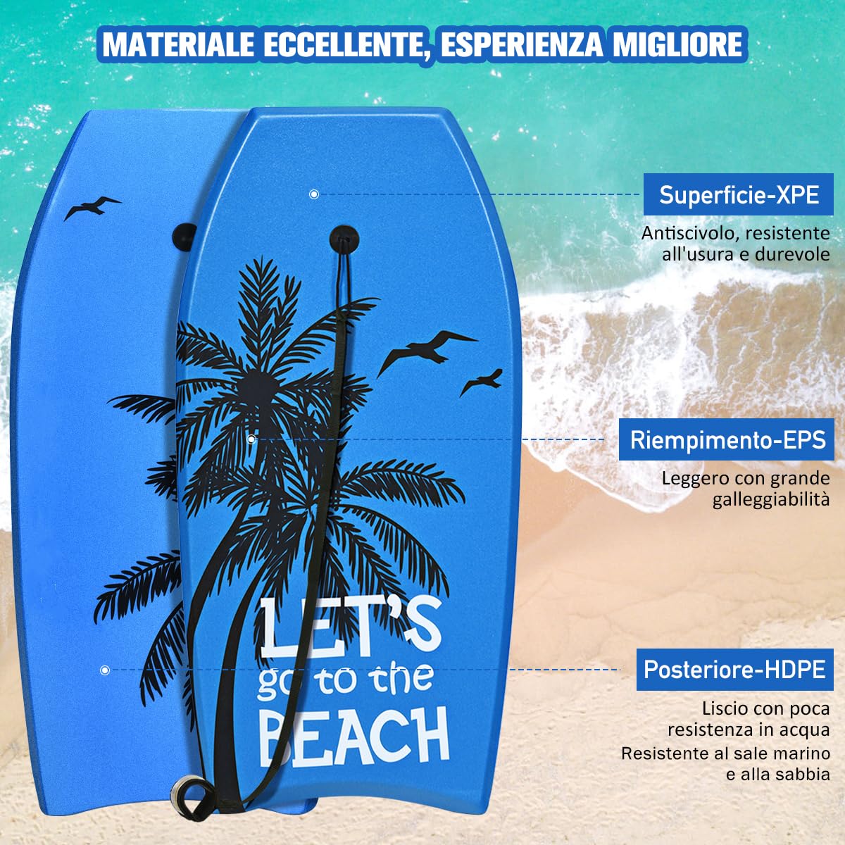 GYMAX Bodyboard da Surf 41'', 105 x 51 x 6 cm, con Guinzaglio da Polso, per Ragazzi e Adulti