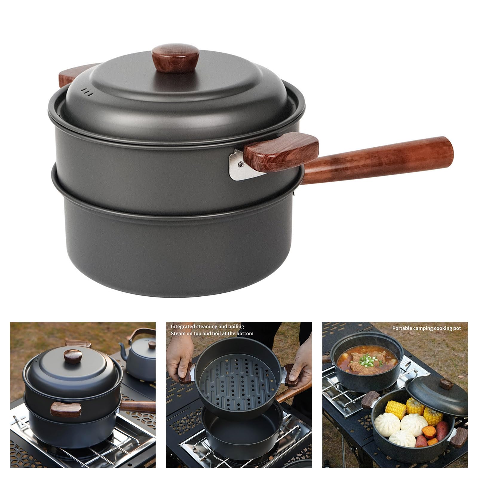 Multifunktionale Camping Kochtöpfe, Kochgeschirr mit ergonomischem Holzgriff, tragbare Outdoor Kochutensilien, langlebige Outdoor Kochutensilien
