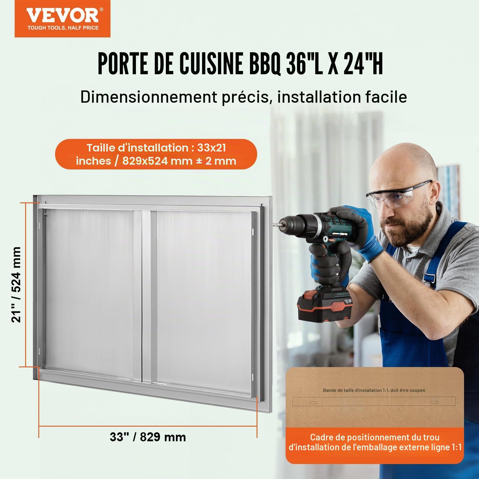 VEVOR Porte d'Accès pour Barbecue Double 914x610x45 mm Inox Poignée Encastrée