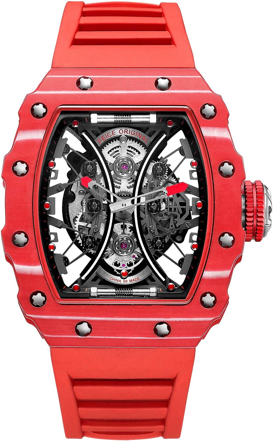 FEICE Watches for Men Automatic Skeleton Watch Waterproof Sapphire Crystal Japanese Movement Mens Wristwatch Anti Shock Business Watch FM602 Red