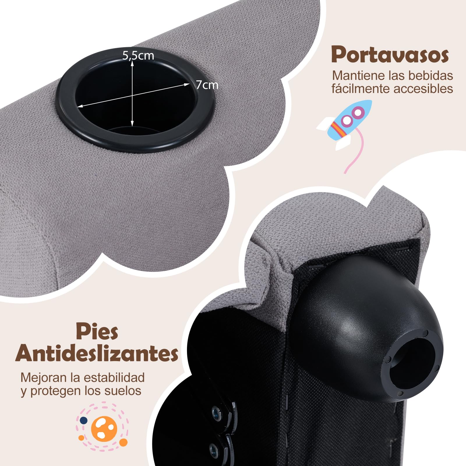 GOPLUS Sillón Reclinable Infantil con Portavasos, Silla Reclinable de Tela de Terciopelo con Respaldo y Reposapiés Ajustables, Cojín de Asiento con Resortes, Sofá para Niños de 3+ Años (Gris)