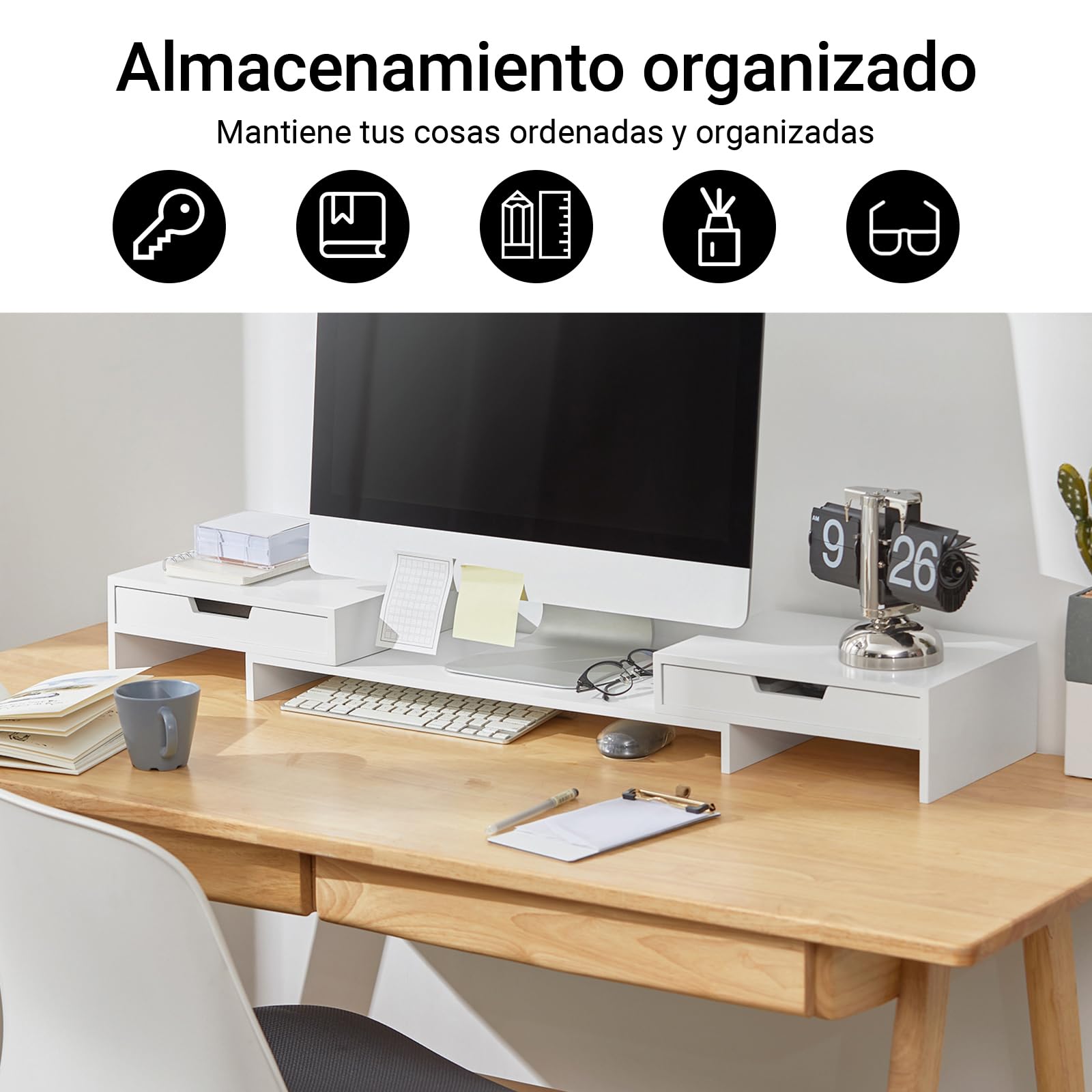 SoBuy Soporte Monitor ajustable con 2 Cajones Carga 25kg 60–107x22x11cm | Elevador Monitor con 2 Cajones e Pasacables, Soporte Monitor para Trabajo Ergonómico, para 2 Monitores, Blanco, BBF04-W