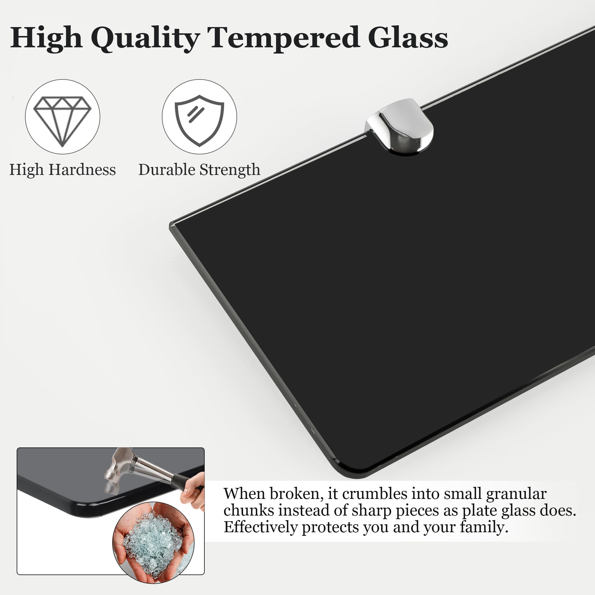 JIZZU 1 stuk glazen badkamerplank wandmontage 30 cm, rechthoekige glazen plank 6 mm dik gehard glas plank, drijvende glazen planken transparant met verchroomde geborstelde beugels voor badkamer