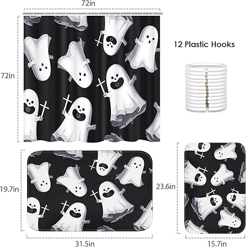 Miniatura 2 de Arttown Juego de baño de Halloween con cortina de ducha y accesorios de alfombras, calabazas naranjas, gatos, caramelos, cortina de ducha para baño,