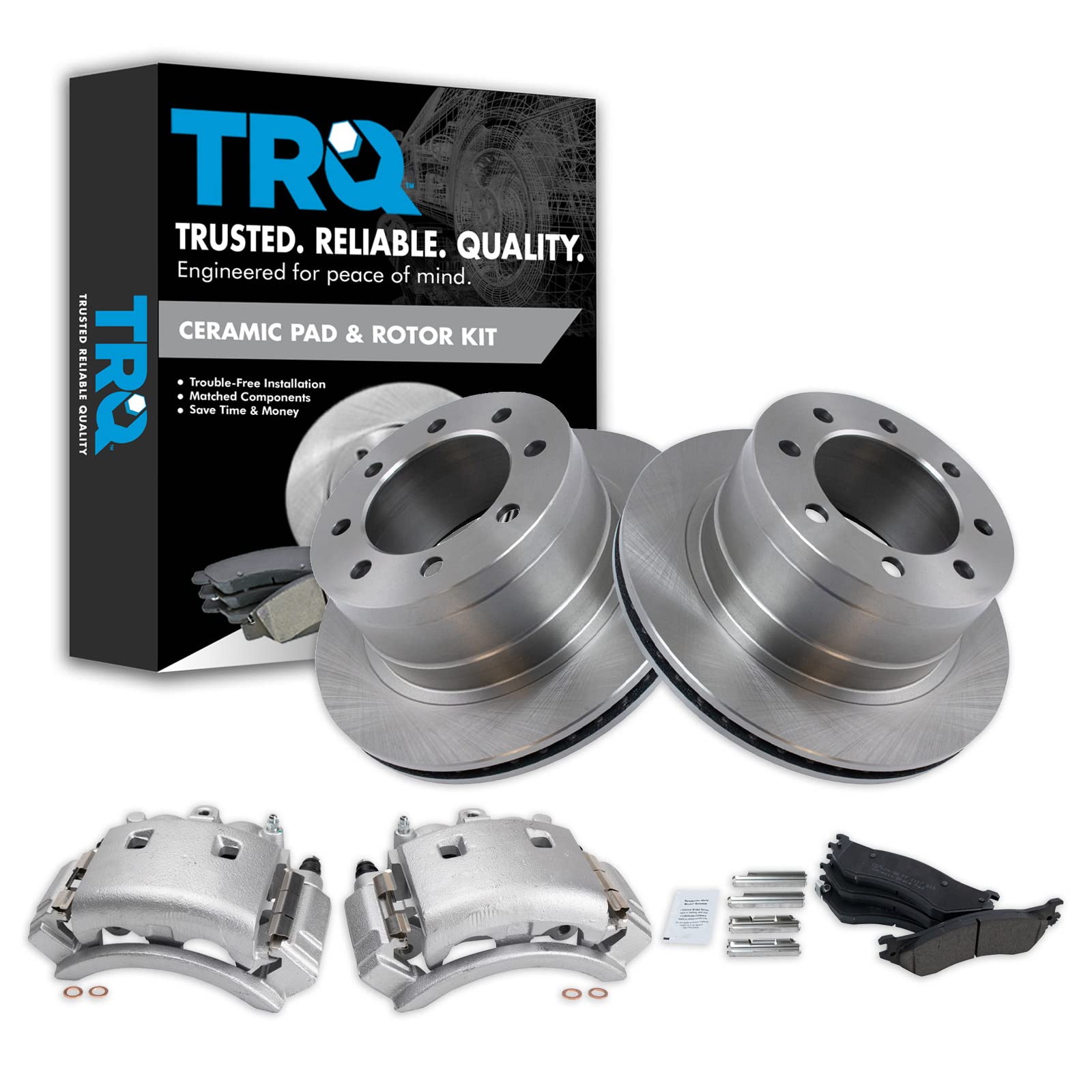 TRQ Rear Brake Pad, Caliper, &amp; Rotor Kit Ceramic Vented Compatible with 2003-2008 Dodge Ram 3500