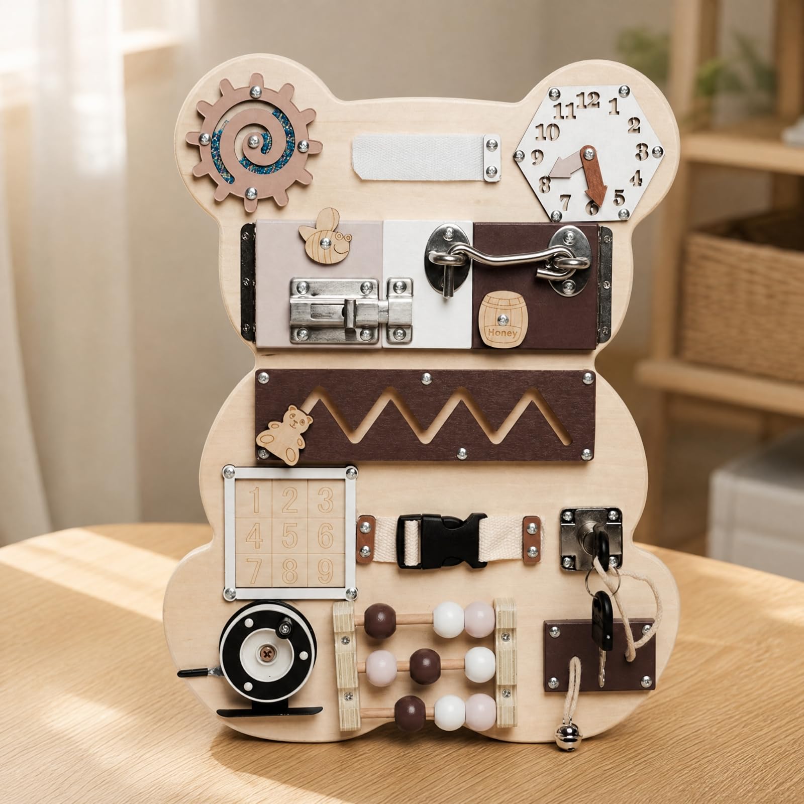 kowaku Tavola Occupata a Forma di Orso di Legno Senza Schermo Gioco Tattile Interattivo a Forma Sicuro Busy Board per Aula Scolastica, 1.5KG