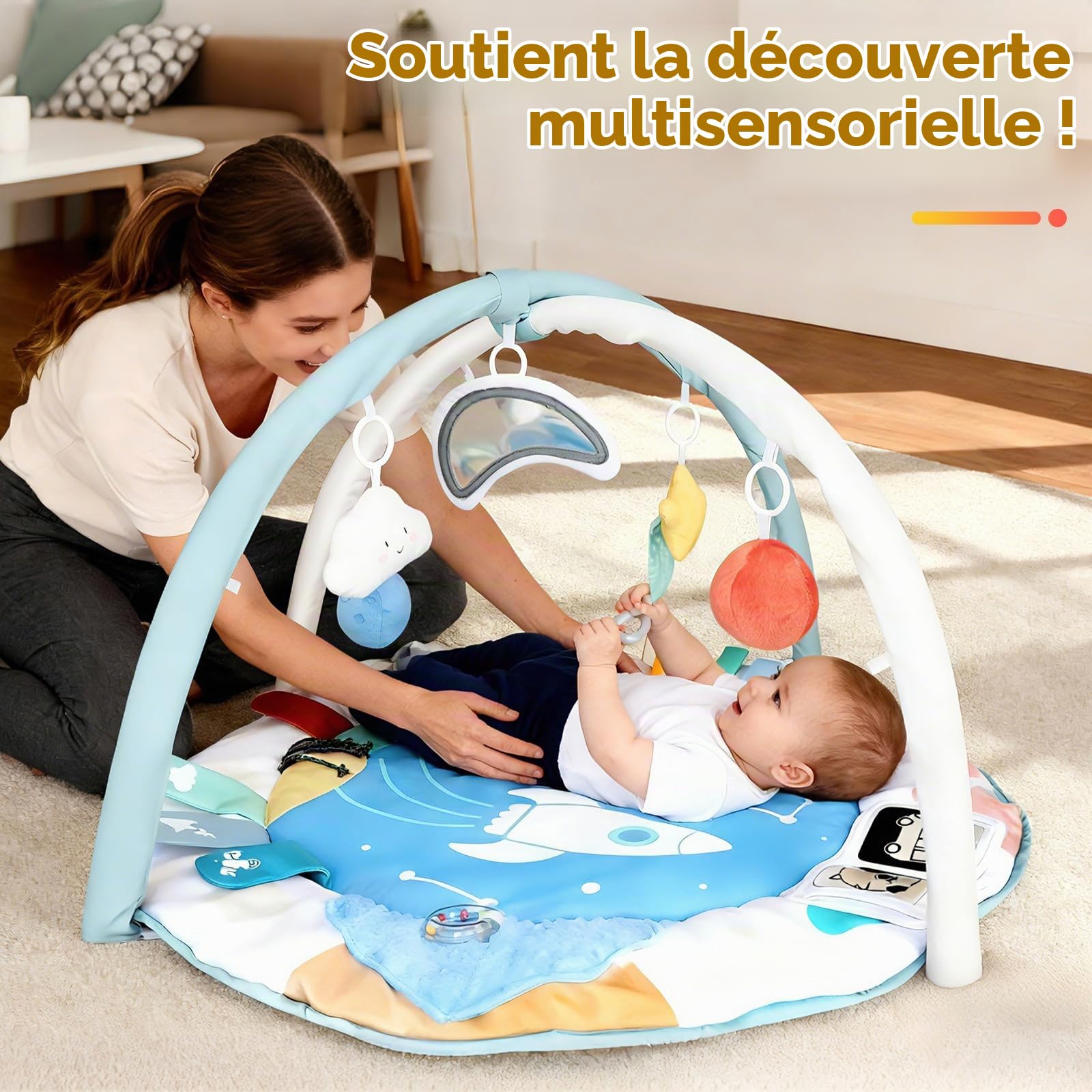 LabTEC Tapis d'éveil pour bébé, tapis d'activités, avec 5 zones de développement et 5 jouets sensoriels amovibles pour stimuler la motricité et le développement sensoriel (bébés de 0 à 18 mois)