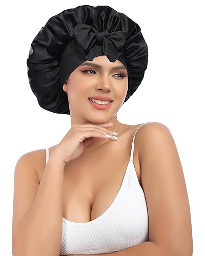 Gorro de seda de AWAYTR para dormir, mujeres, 100% seda de morera con banda, reversible de 2 capas, envoltura para el cabello para dormir (Negro,