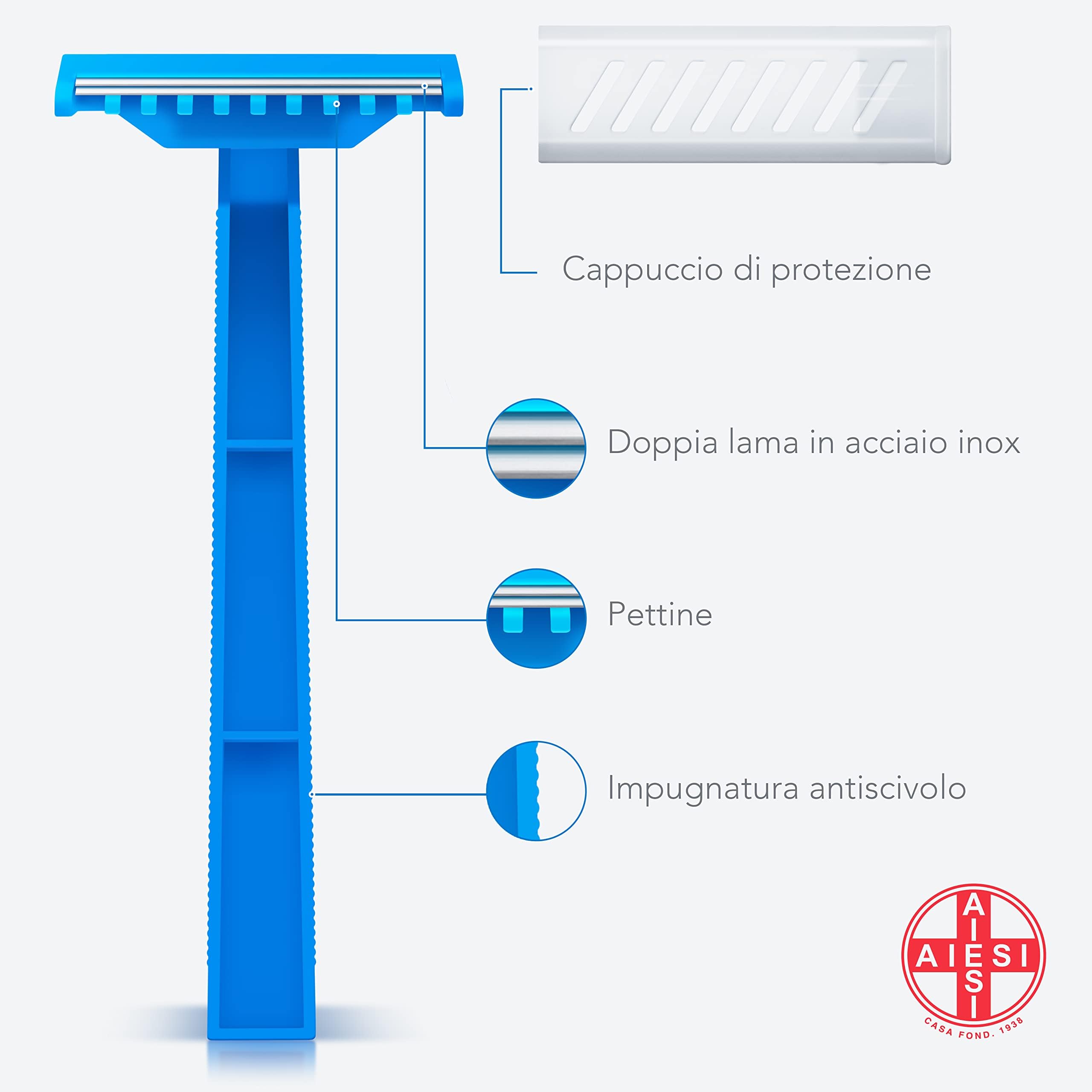AIESI® Rasoi monouso per tricotomia bilama (100 pezzi) in acciaio inox con pettine e cappuccio di protezione