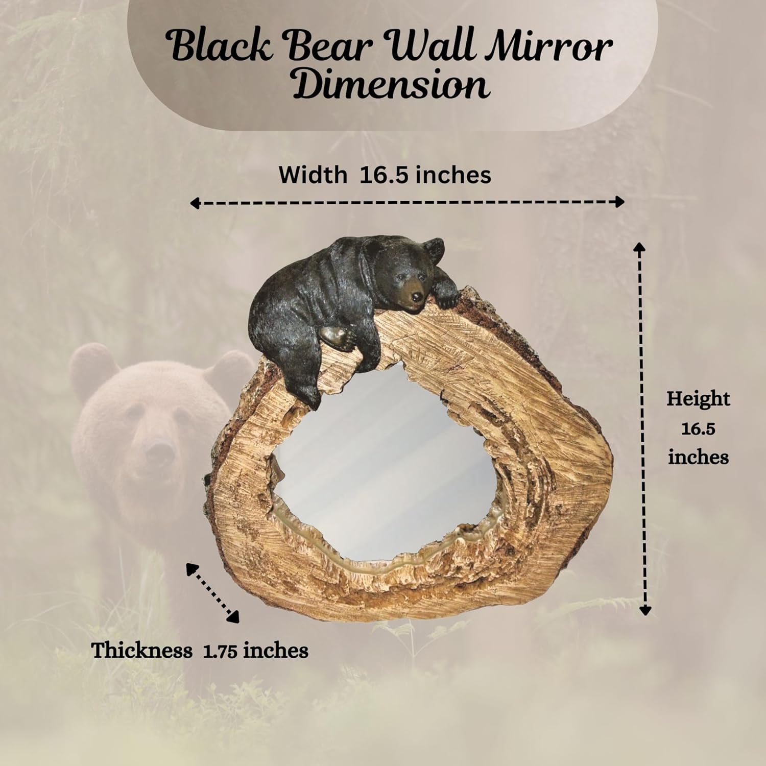 BestGiftEver Rustic Black Bear Wall Mirror – Tree Trunk Wildlife Wall Décor for Cabin and Lodge Homes, Bear-Themed Decorative Mirror, Lodge-Style Rustic Cabin Décor for Nature Enthusiasts