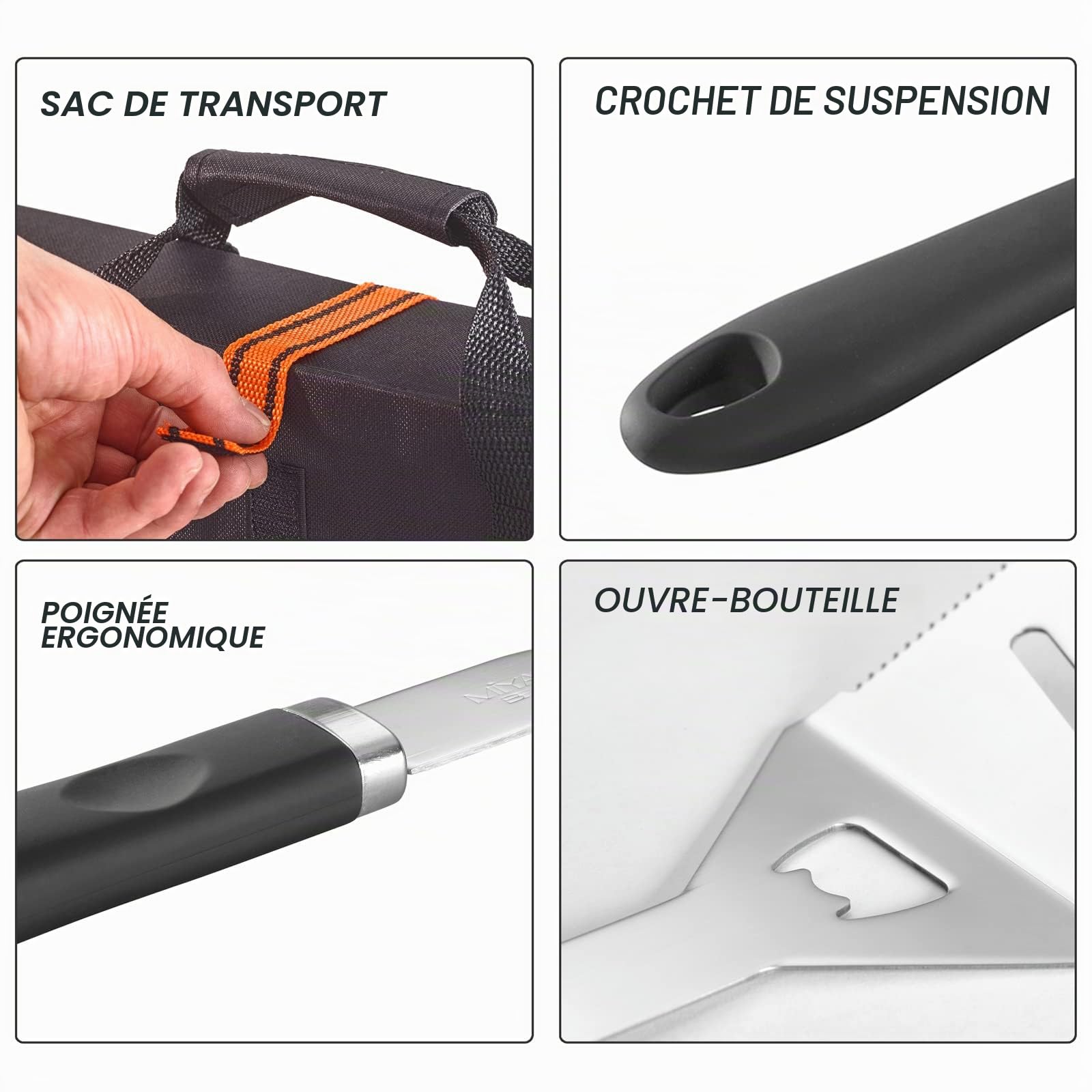 Set 5 ustensiles de Barbecue Pince Fourchette spatule Pinceau Sac BBQ Acier INOX