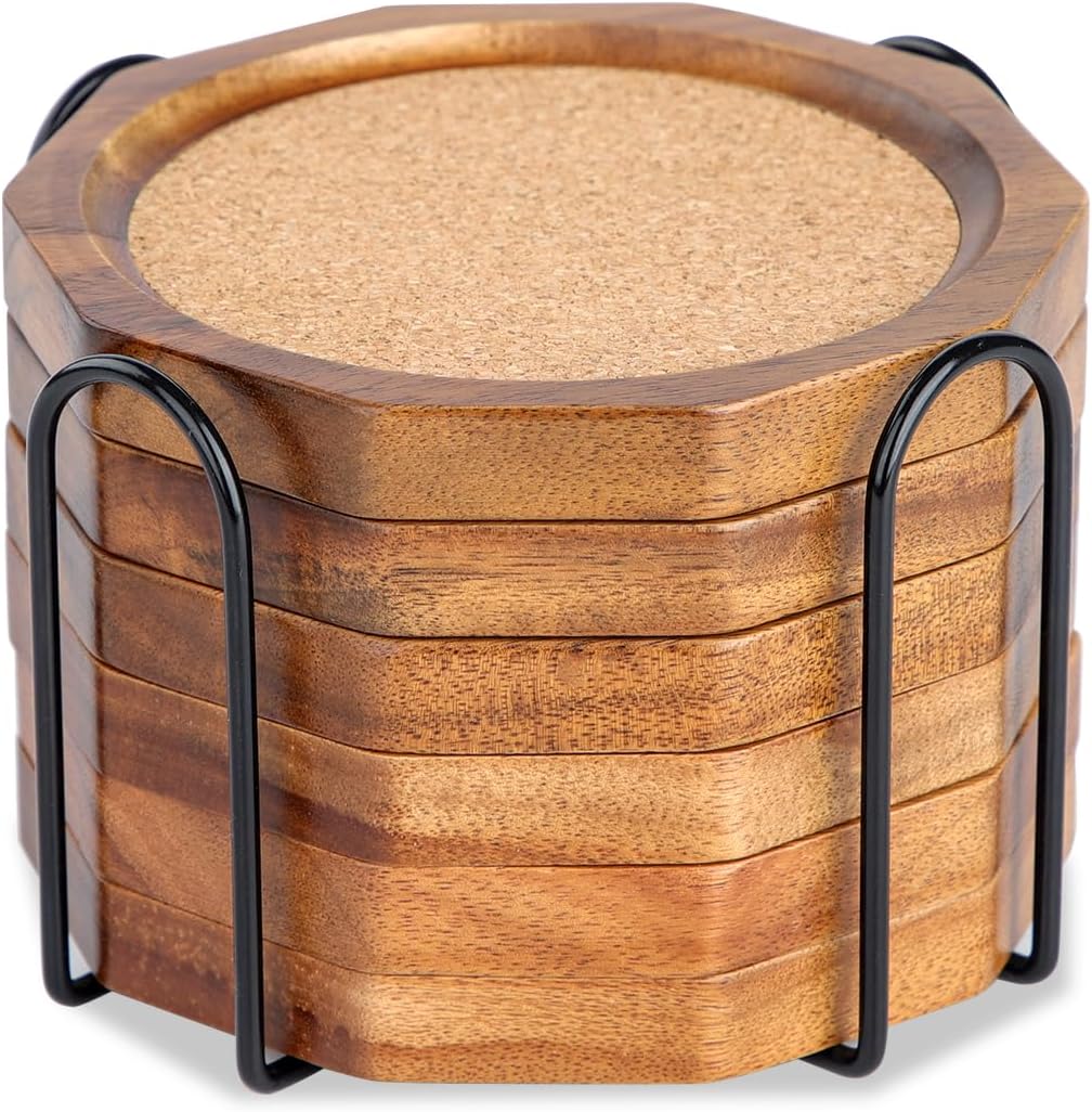 Wood Cork Coasters for Drinks Absorbent with Holder, 4.33in Decagonal Shape Acacia Wood Coaster Set Drink Coasters for Cups, Mugs, and Glasses - Handcrafted, Durable, and Stylish - Image 2