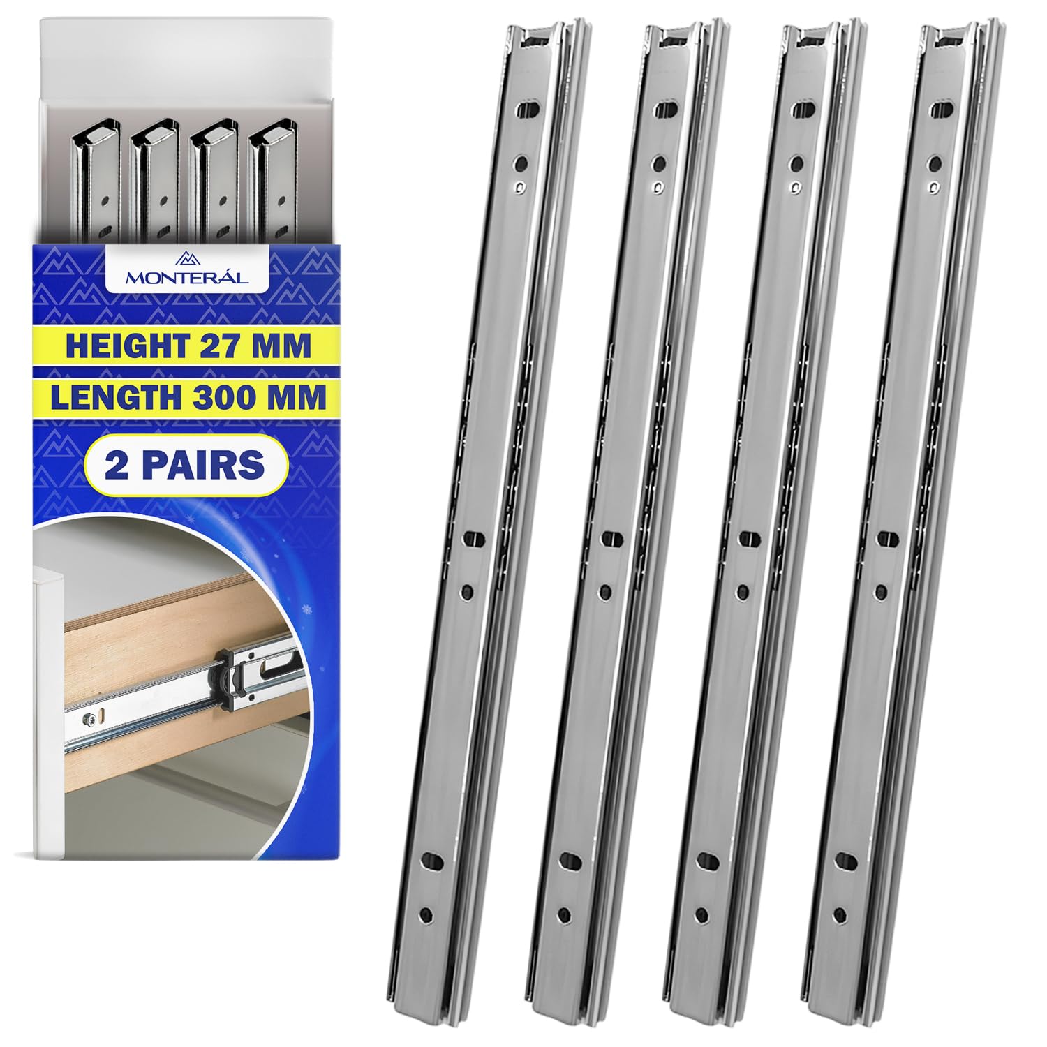 2 works Ball Bearing Drawer Runners 300mm x H 27 mm, Telescopic Draw Runners Replacement Have a Partial Extension of 212 mm