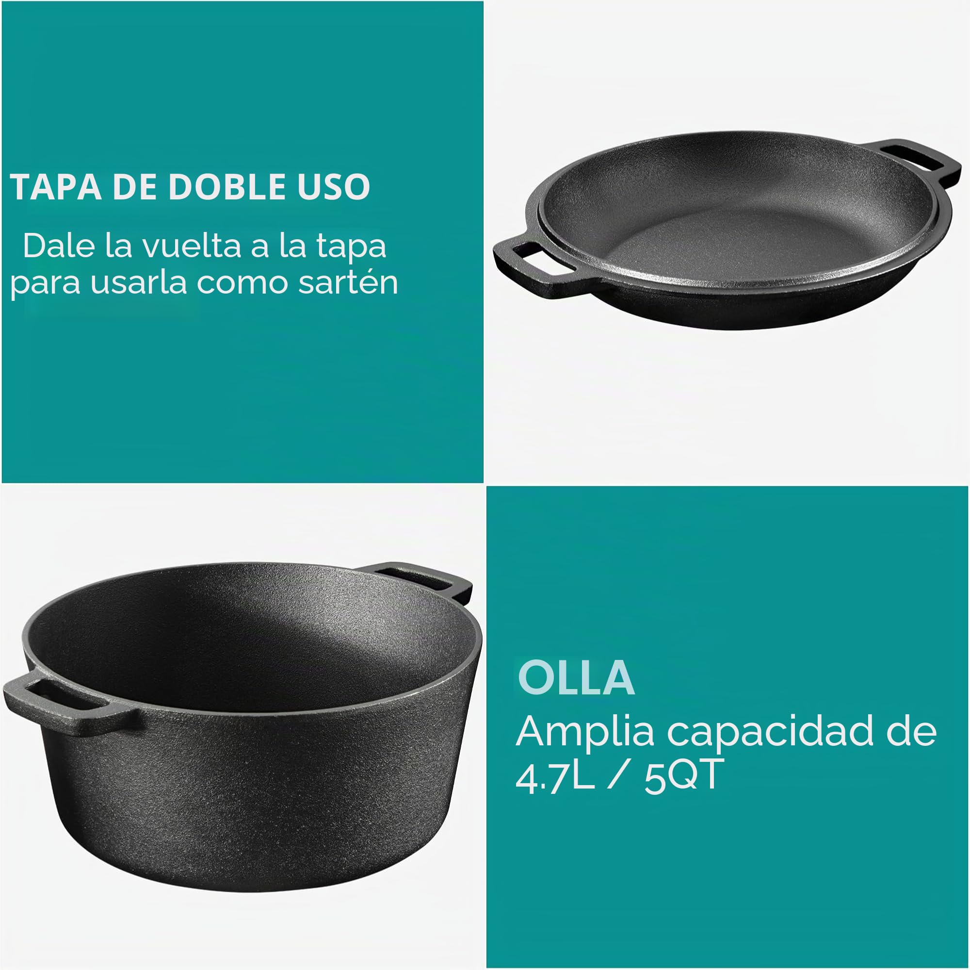 Navaris Sarten hierro fundido con tapa - Sartén holandesa con 2 asas - Apta para cualquier cocina y horno - Sartén sazonada 32 cm de 4,7 l de capacidad - Con manual y recetas