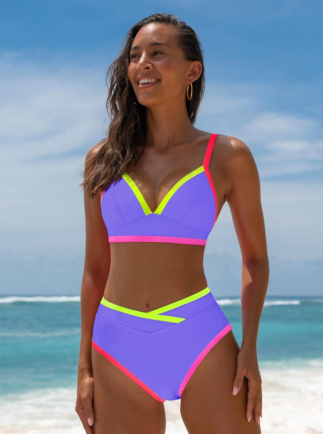 popvil High Waisted Bikini Sets for Women Neon Two Piece Swimsuit Sexy High Cut 2026 Bathing Suit