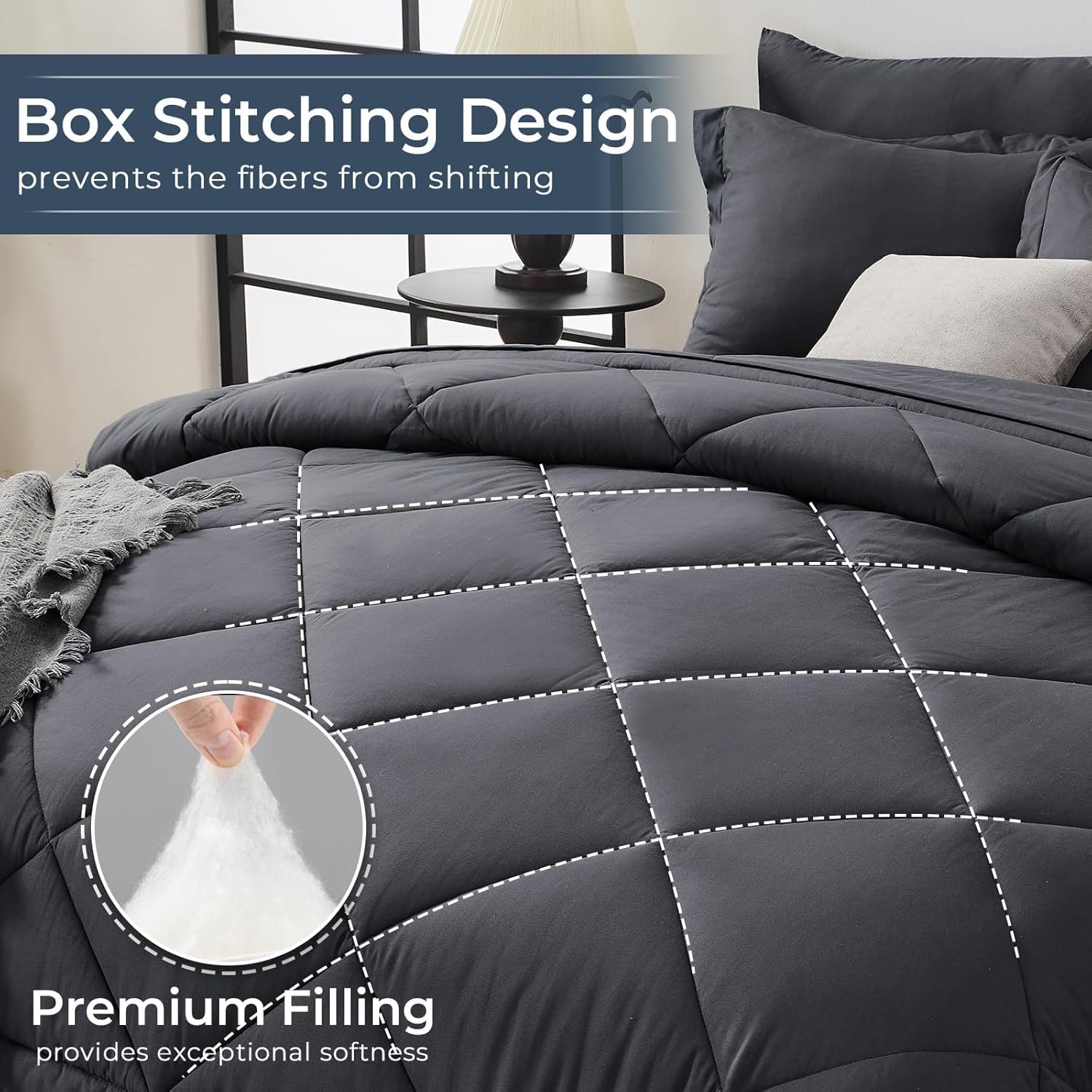 HEVUMYI Twin Comforter Set - 5-Piece All Season Bed in a Bag Twin, Ultra Soft Bedding Set with Comforter, Flat Sheet, Fitted Sheet, Pillowcases, Pillow Shams, Dark Grey - Image 4