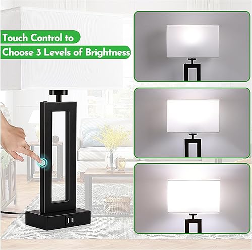 Miniatura 8 de Juego de 2 lámparas de mesita de noche para dormitorios, lámpara de mesa de control táctil, lámpara de noche con USB C+A, 3 vías regulables,